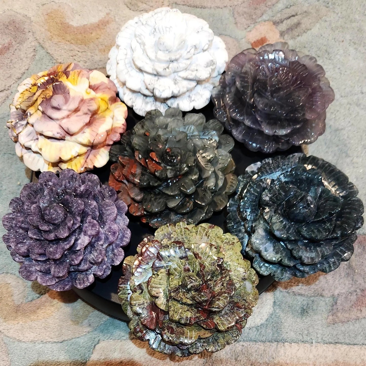 Peonies Crystal Carved Flowers, Heavy Paper Weight Decorative Pieces,  Fluorite, Mookaite, African Blood, Bloodstone, Howlite, Lepidolite Etsy