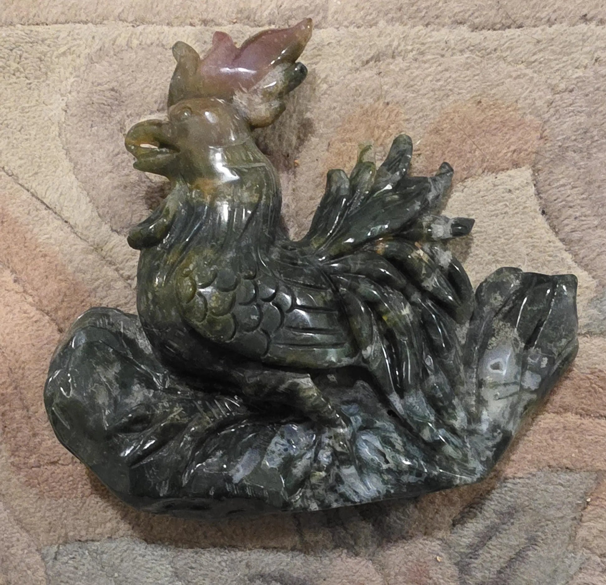 Large Moss Agate and Ocean Jasper  Carved Rooster Figurine, County Decor Statue, Chicken Decoration, Etsy