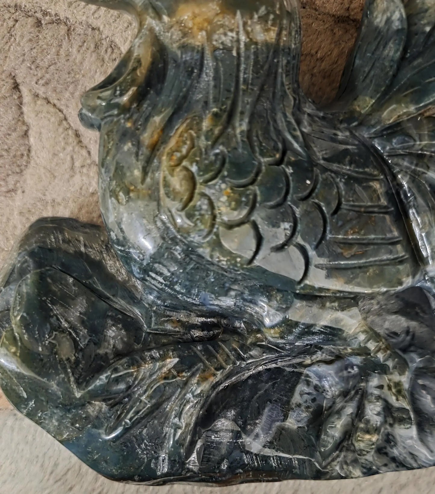 Large Moss Agate and Ocean Jasper  Carved Rooster Figurine, County Decor Statue, Chicken Decoration, Etsy