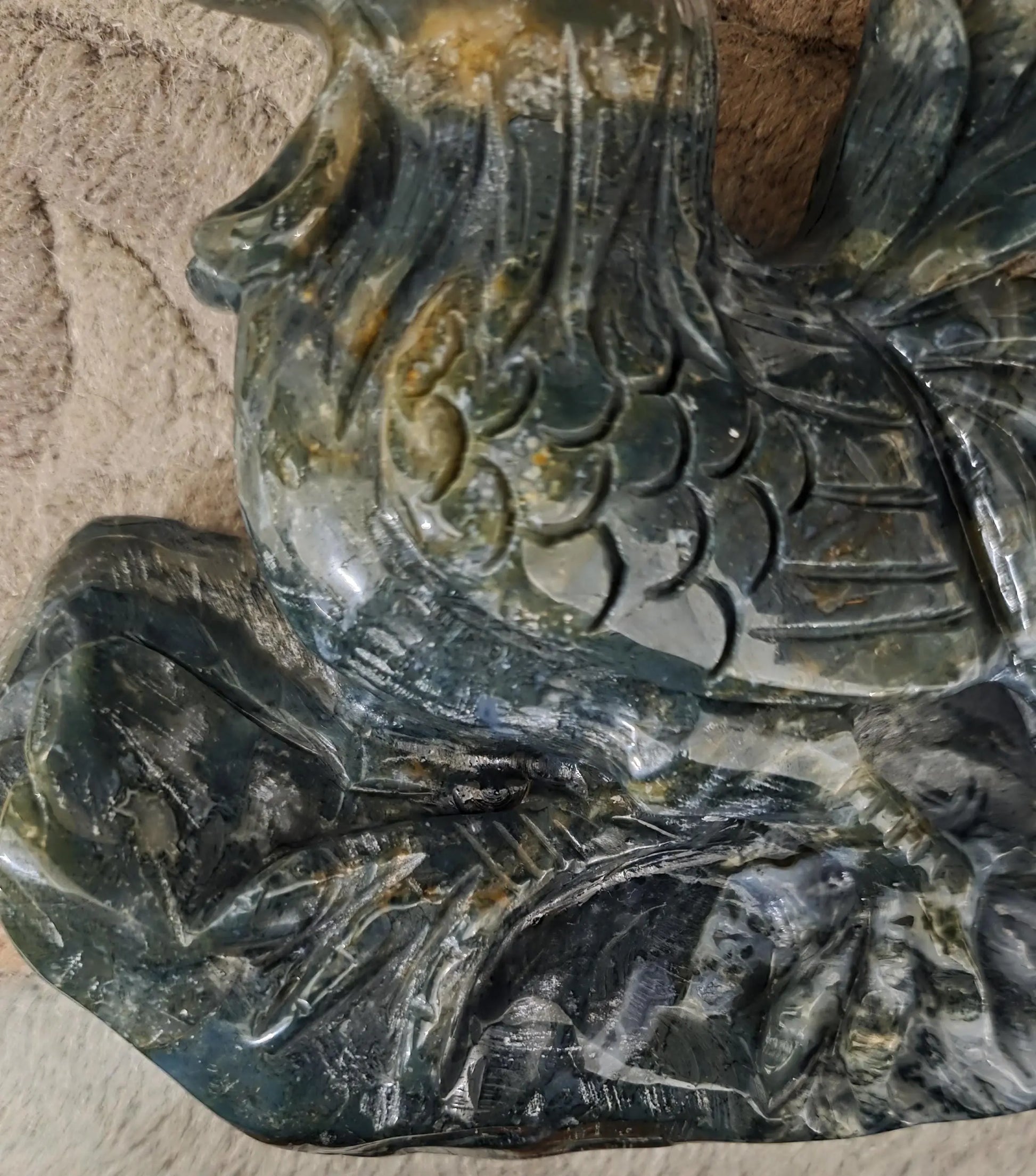 Large Moss Agate and Ocean Jasper  Carved Rooster Figurine, County Decor Statue, Chicken Decoration, Etsy