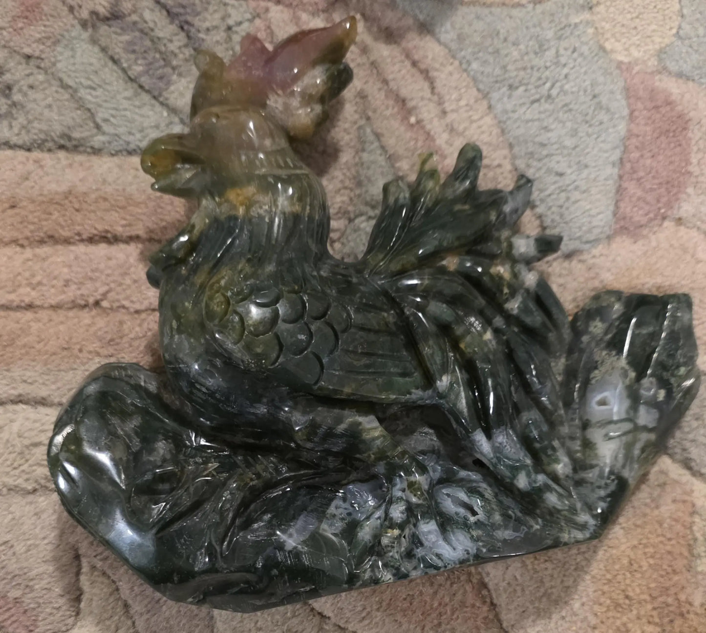 Large Moss Agate and Ocean Jasper  Carved Rooster Figurine, County Decor Statue, Chicken Decoration, Etsy