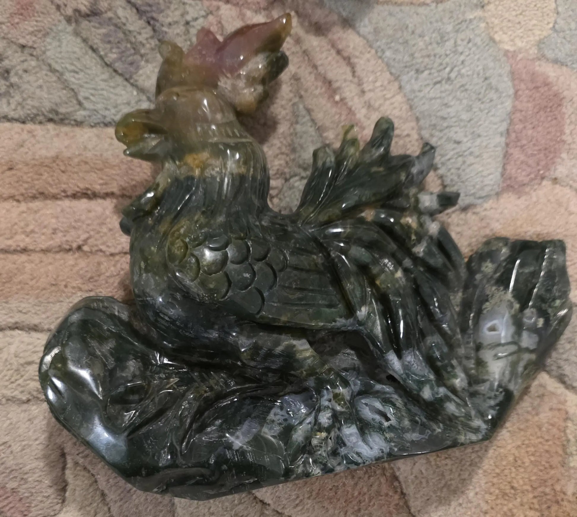 Large Moss Agate and Ocean Jasper  Carved Rooster Figurine, County Decor Statue, Chicken Decoration, Etsy