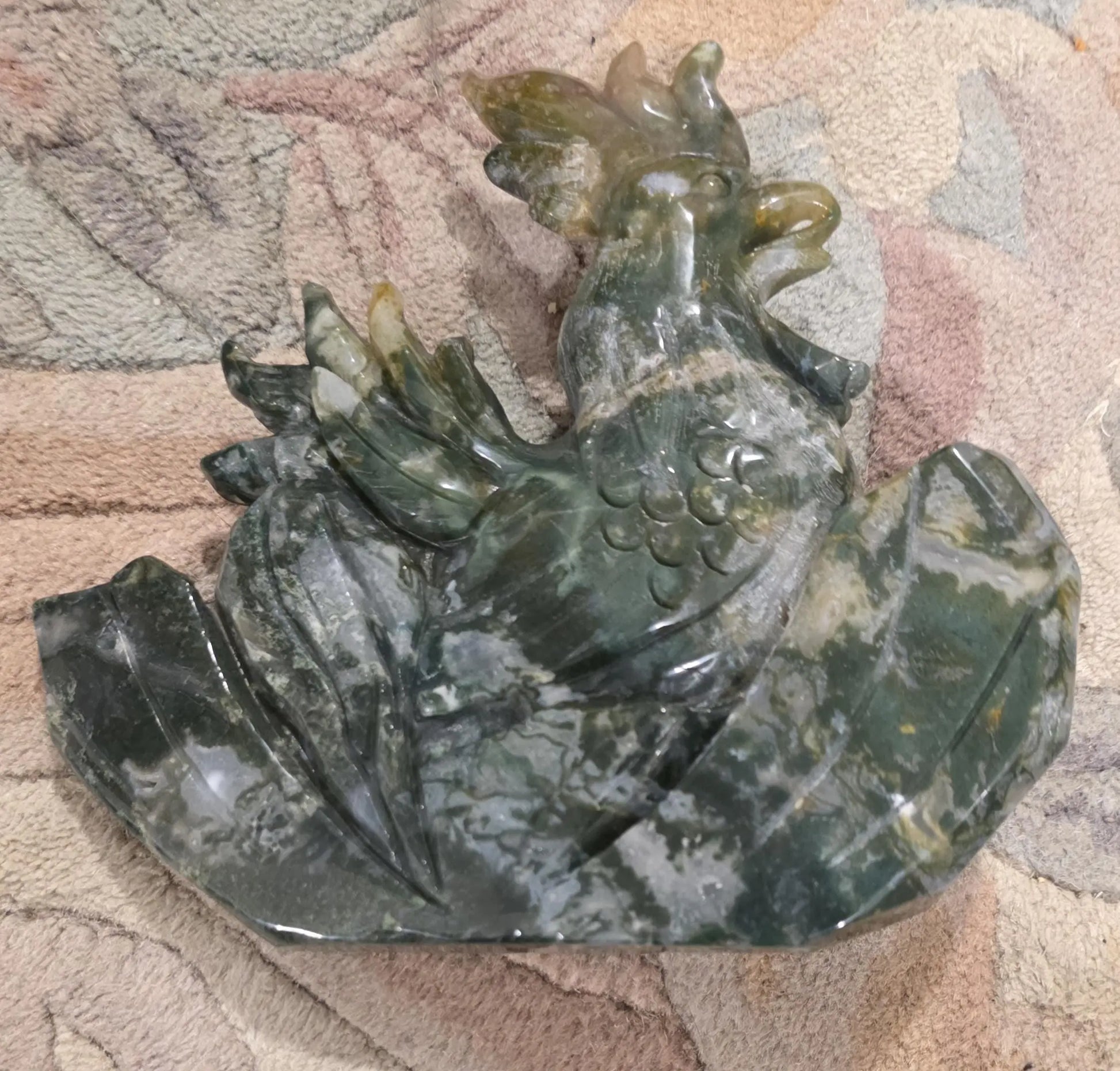 Large Moss Agate and Ocean Jasper  Carved Rooster Figurine, County Decor Statue, Chicken Decoration, Etsy
