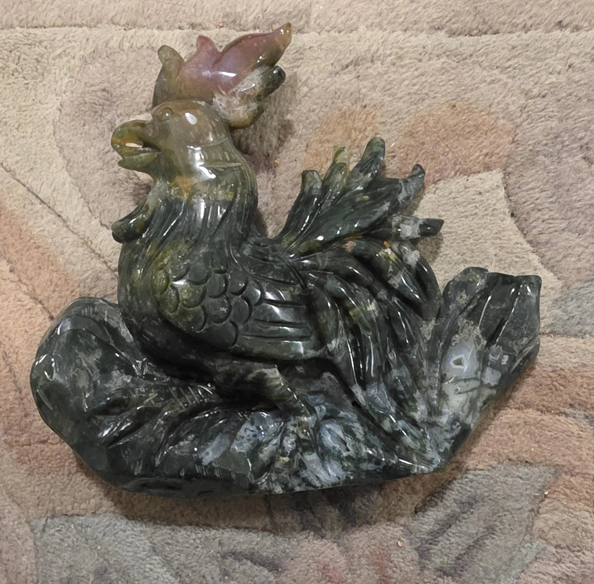 Large Moss Agate and Ocean Jasper  Carved Rooster Figurine, County Decor Statue, Chicken Decoration, Etsy