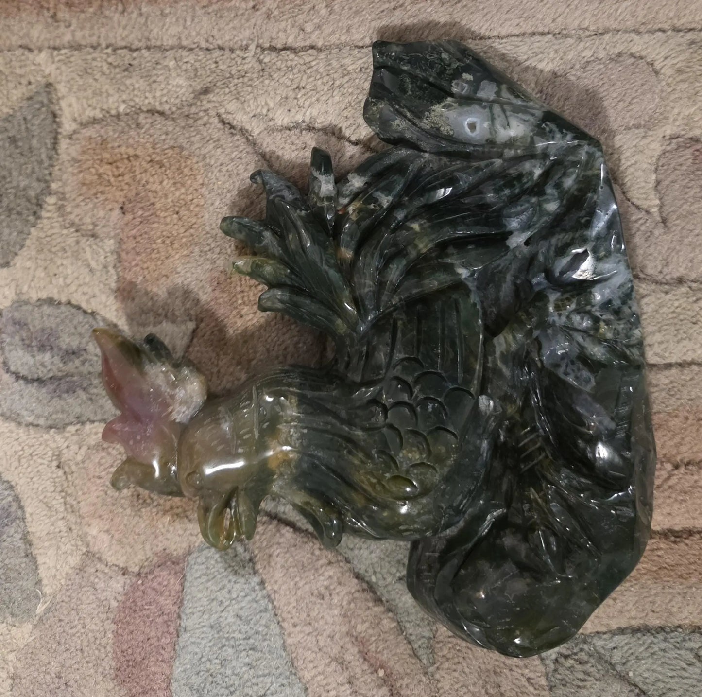Large Moss Agate and Ocean Jasper  Carved Rooster Figurine, County Decor Statue, Chicken Decoration, Etsy
