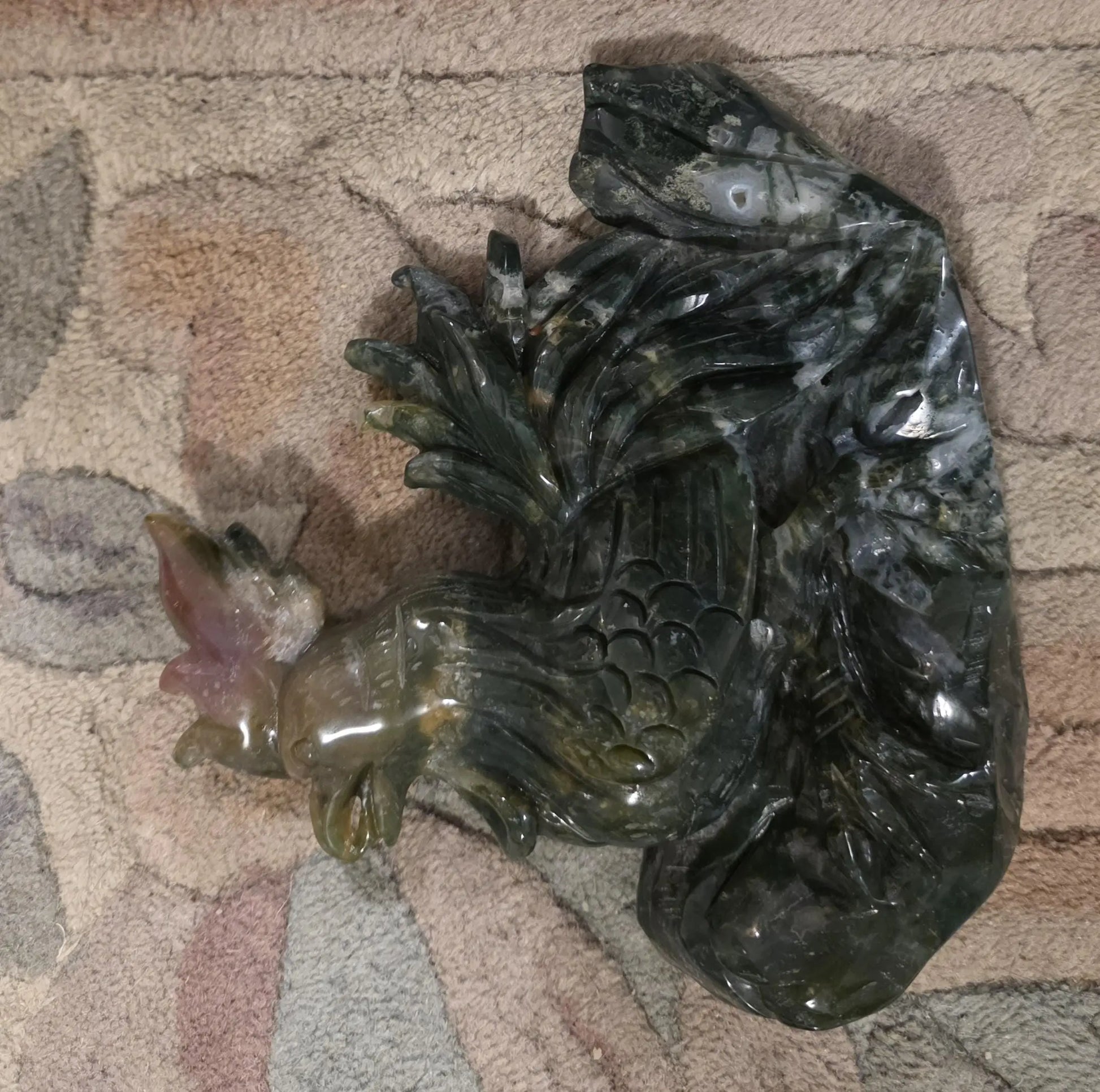 Large Moss Agate and Ocean Jasper  Carved Rooster Figurine, County Decor Statue, Chicken Decoration, Etsy