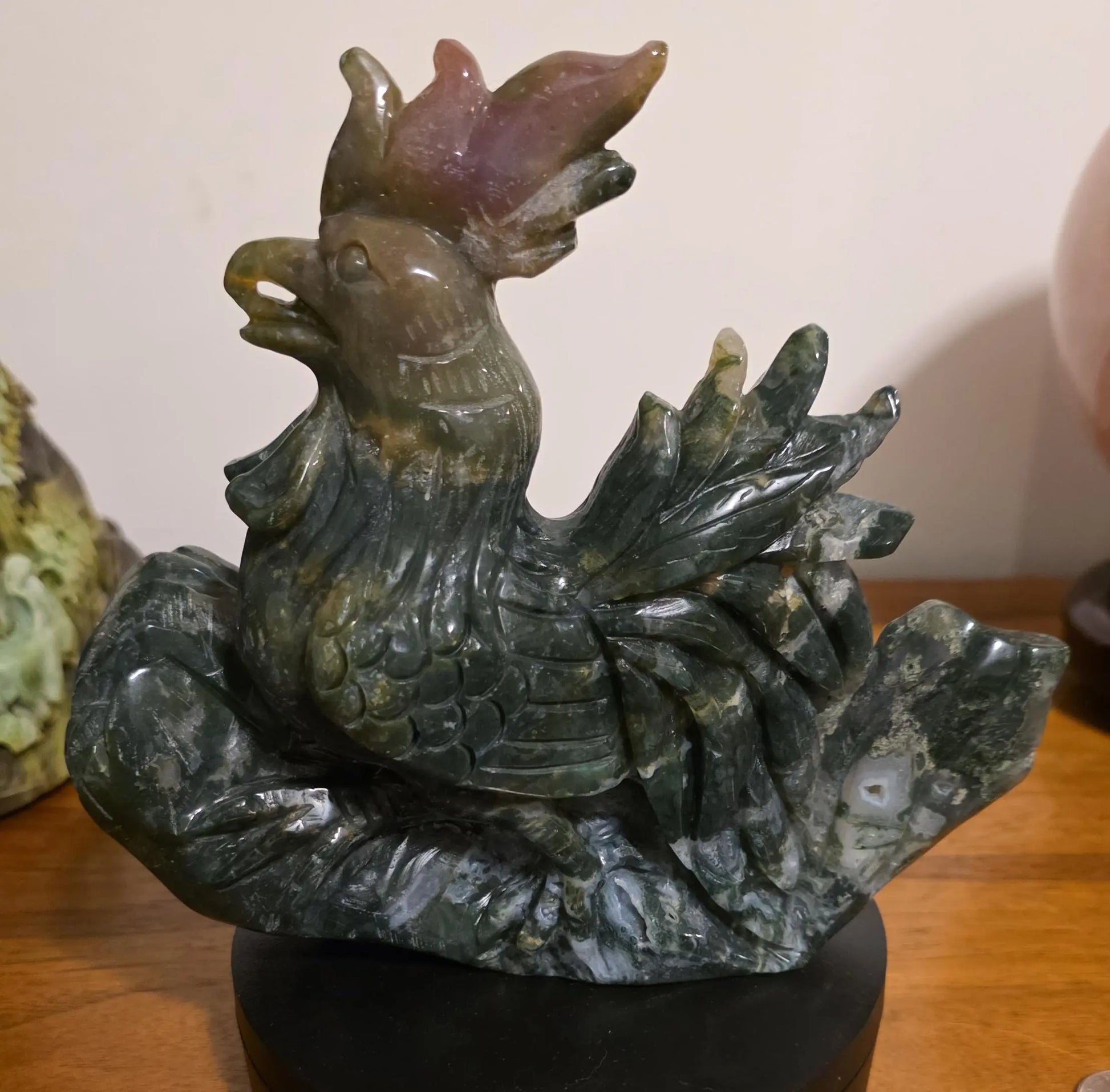 Large Moss Agate and Ocean Jasper  Carved Rooster Figurine, County Decor Statue, Chicken Decoration, Etsy