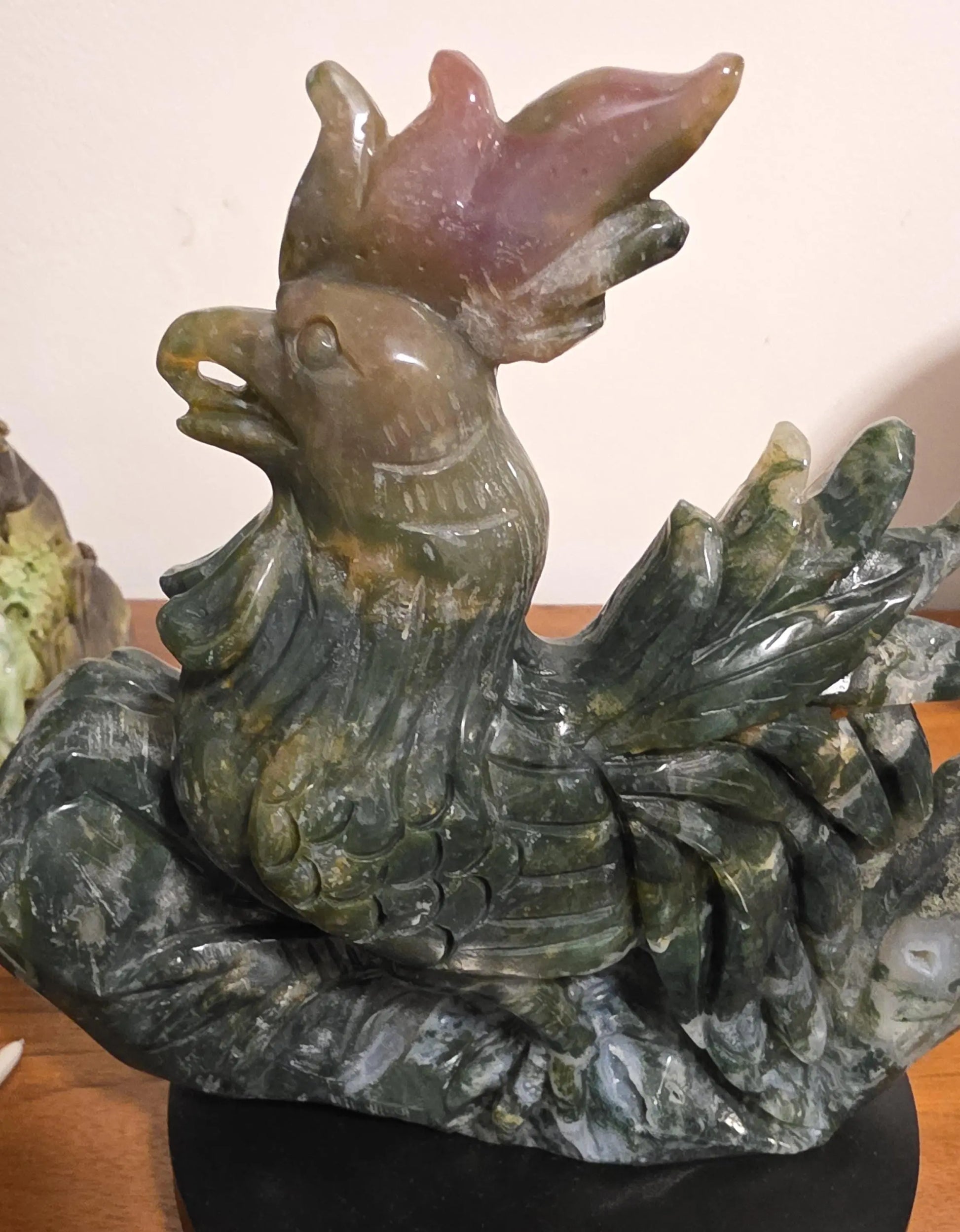Large Moss Agate and Ocean Jasper  Carved Rooster Figurine, County Decor Statue, Chicken Decoration, Etsy