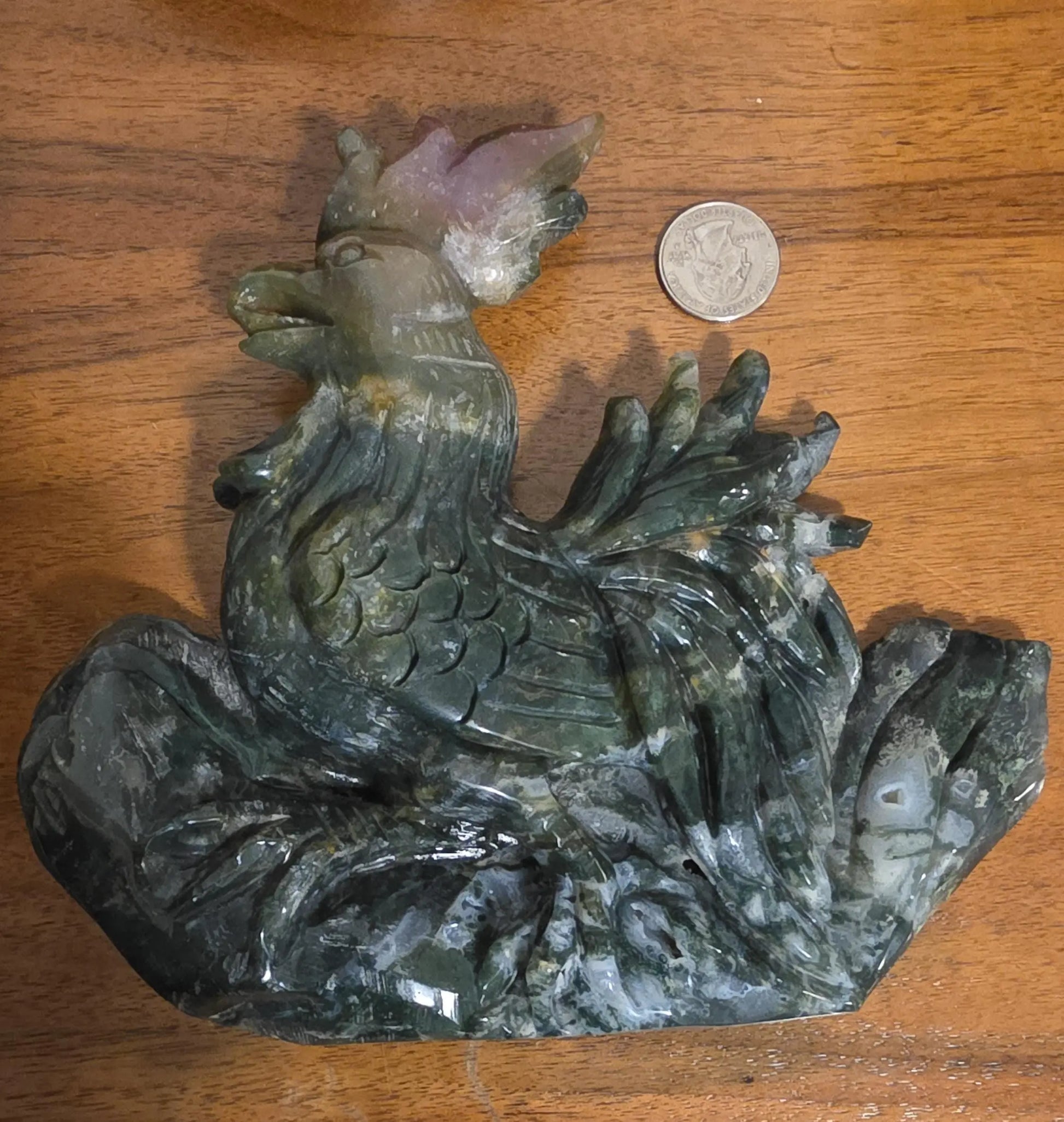 Large Moss Agate and Ocean Jasper  Carved Rooster Figurine, County Decor Statue, Chicken Decoration, Etsy