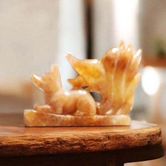 Carved Fire Quartz Nine-Tailed Fox Statue: Root Chakra Crystal (5" x 3.5", 8.5 OZ.) Etsy