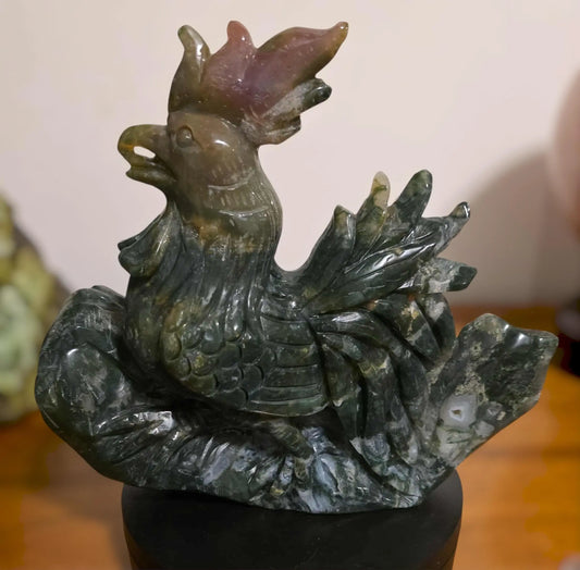 Large Moss Agate and Ocean Jasper  Carved Rooster Figurine, County Decor Statue, Chicken Decoration, Etsy