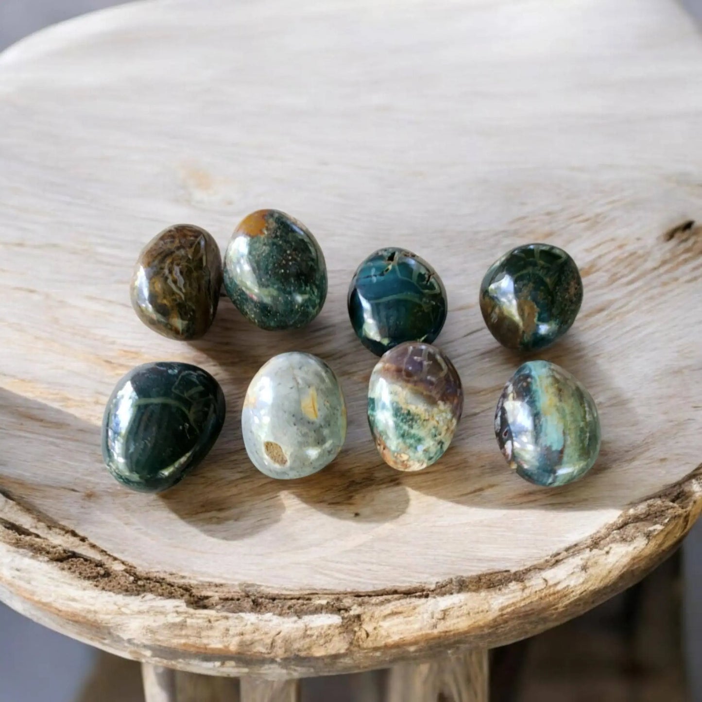 Small Ocean Jasper Palm Stones, orb pattern, carved crystal, calming energy, Madagascar orbicular jasper, Etsy