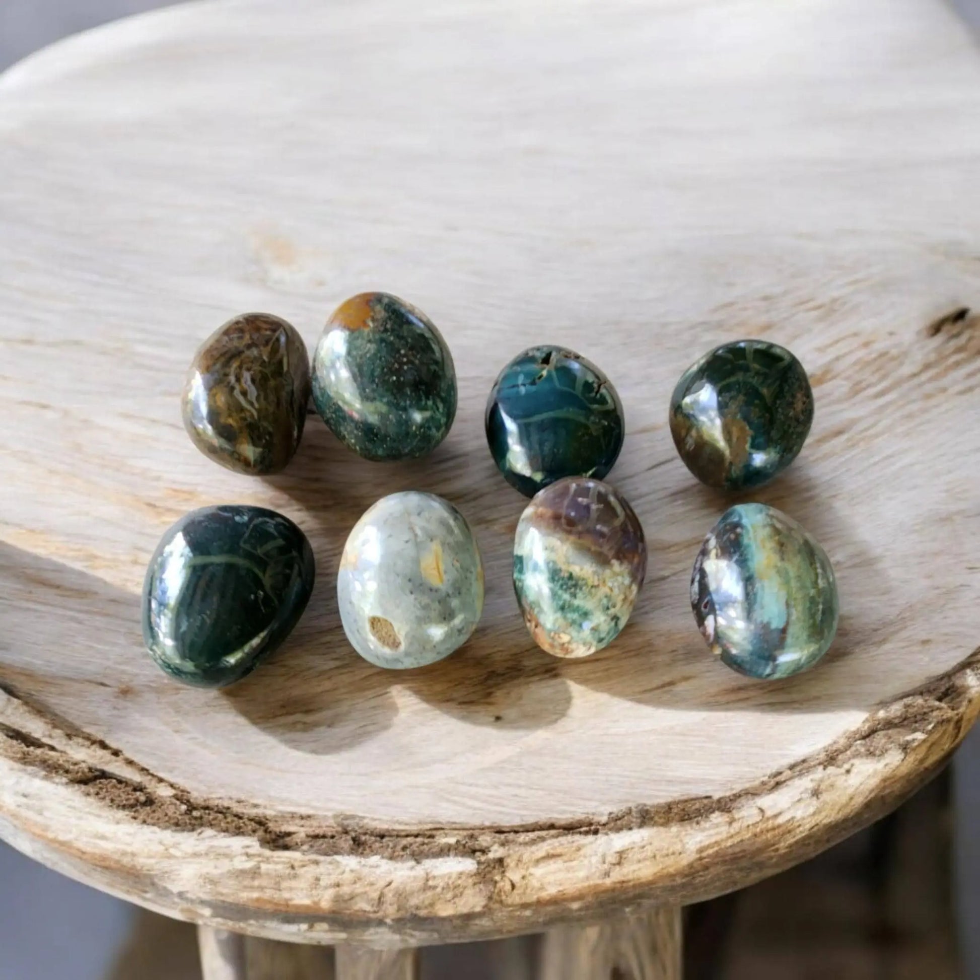 Small Ocean Jasper Palm Stones, orb pattern, carved crystal, calming energy, Madagascar orbicular jasper, Etsy
