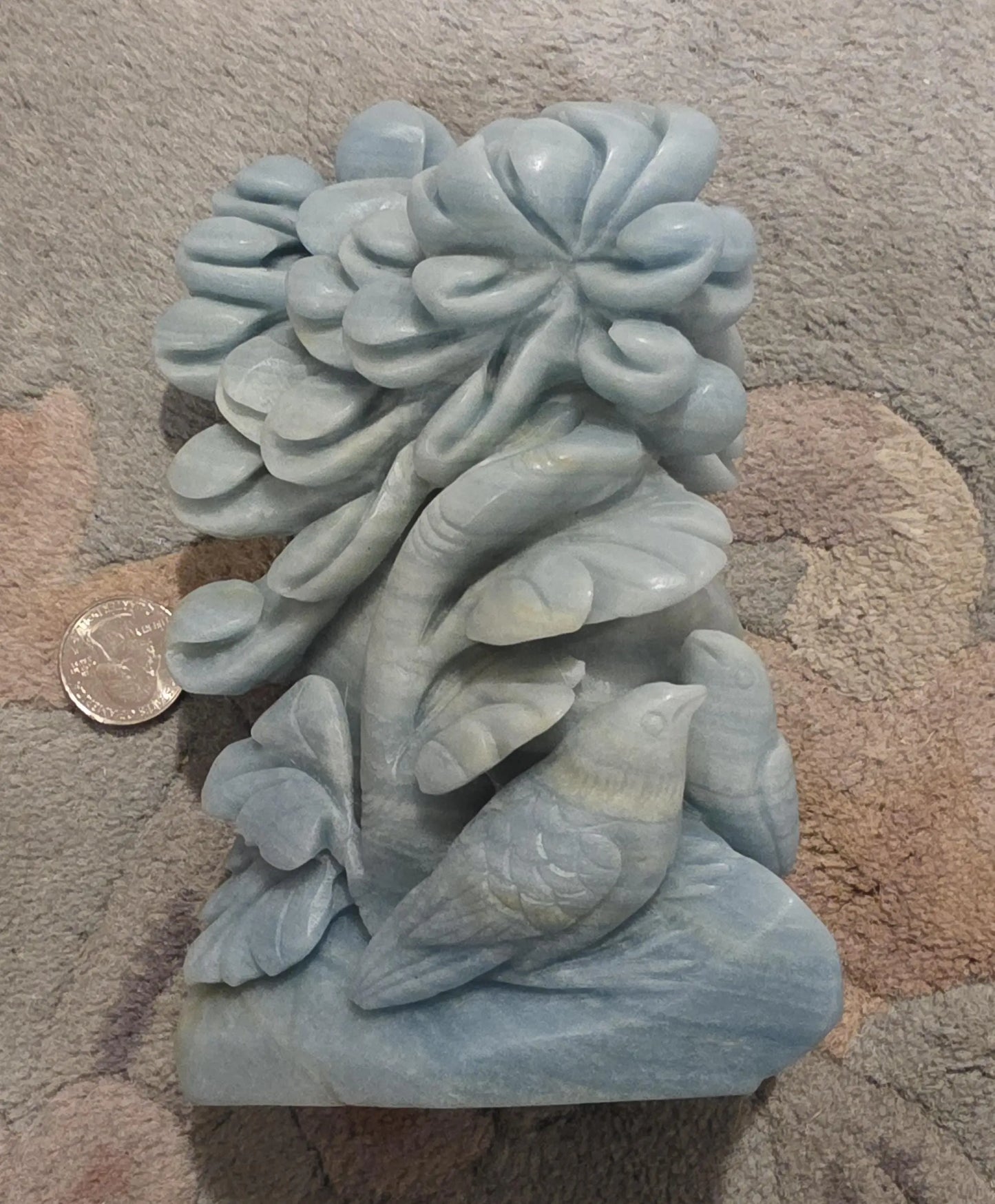 Carved Birds and Flowers Blue Quartzite 3 lb Crystal, Metamorphic Rock, Shades of Blue,Ornate Sculpture, Etsy