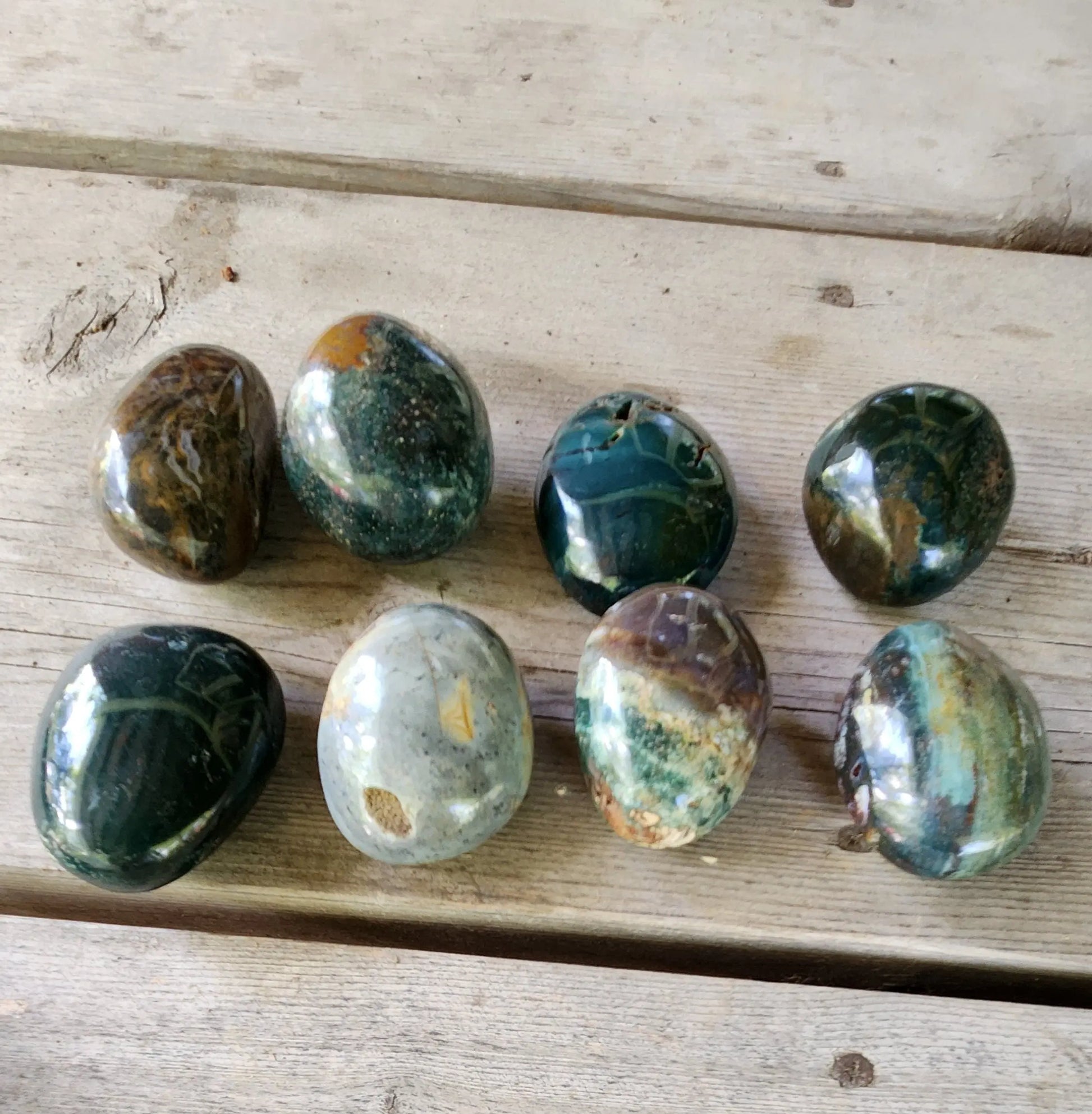 Small Ocean Jasper Palm Stones, orb pattern, carved crystal, calming energy, Madagascar orbicular jasper, Etsy