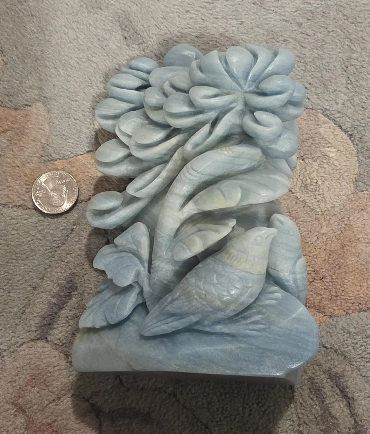 Carved Birds and Flowers Blue Quartzite 3 lb Crystal, Metamorphic Rock, Shades of Blue,Ornate Sculpture, Etsy