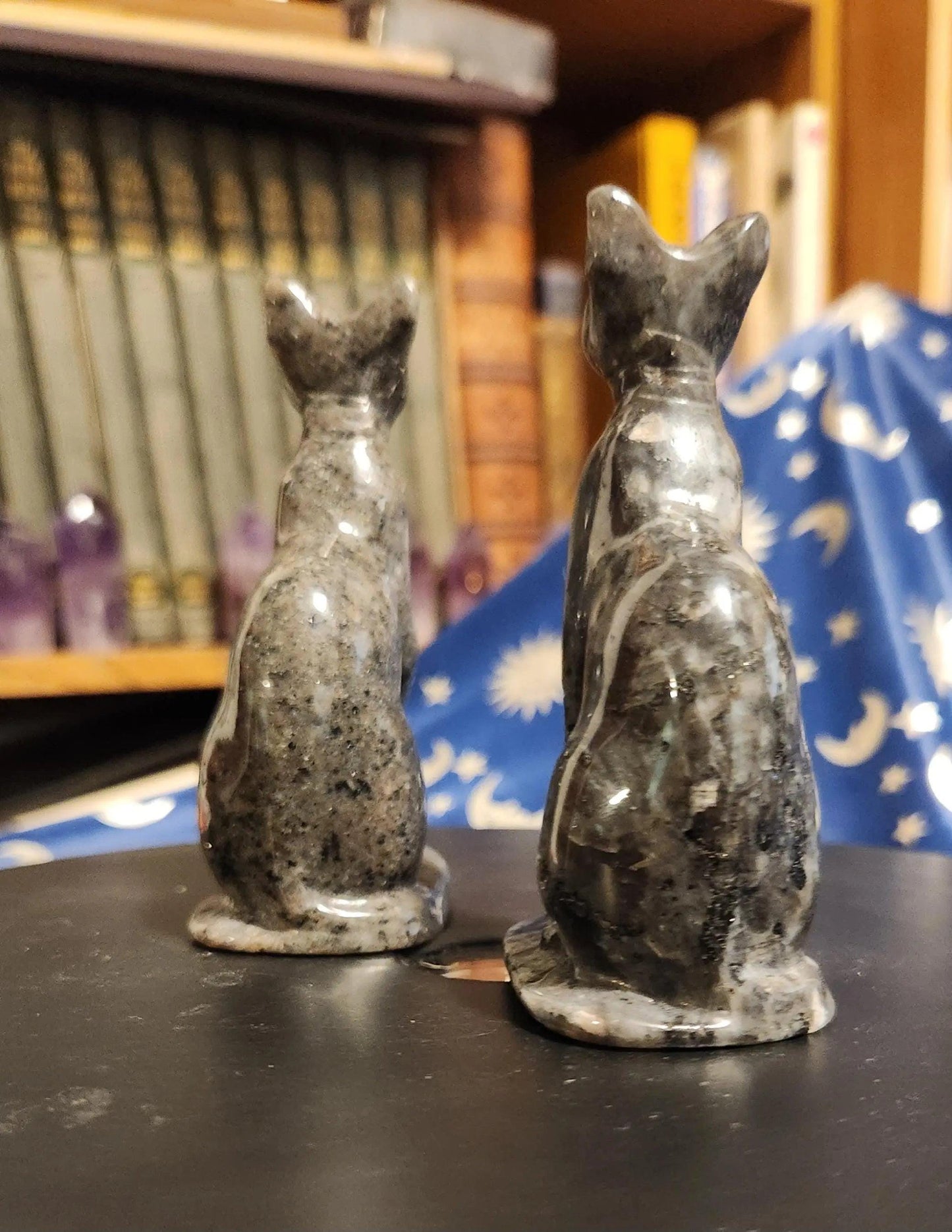 Carved Larvikite Obsidian & Yooperlite Egyptian Cat Statue: UV Reactive Decor