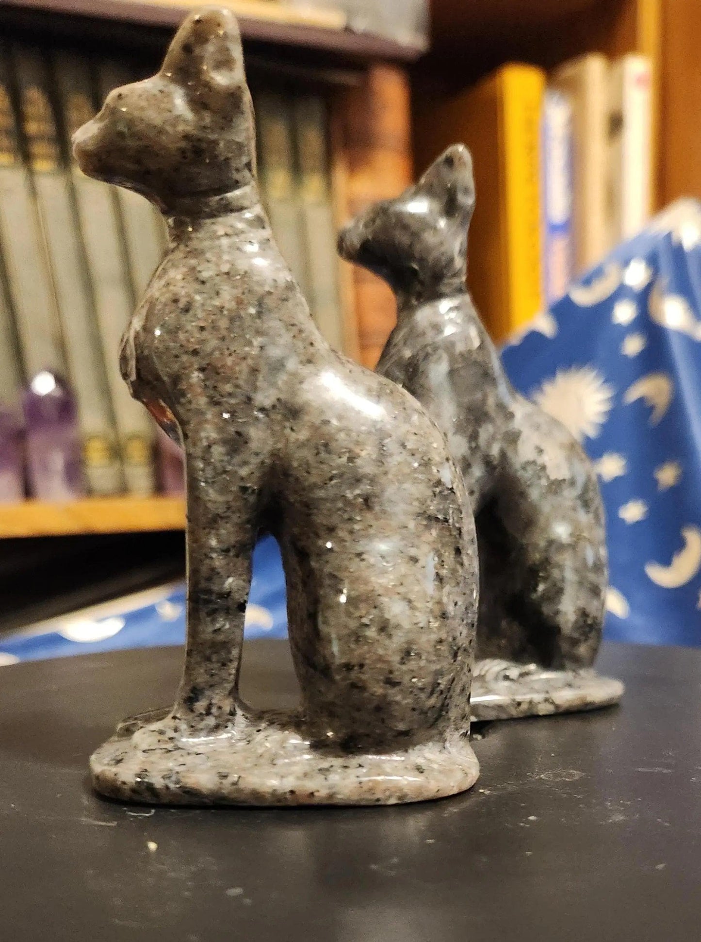 Carved Larvikite Obsidian & Yooperlite Egyptian Cat Statue: UV Reactive Decor
