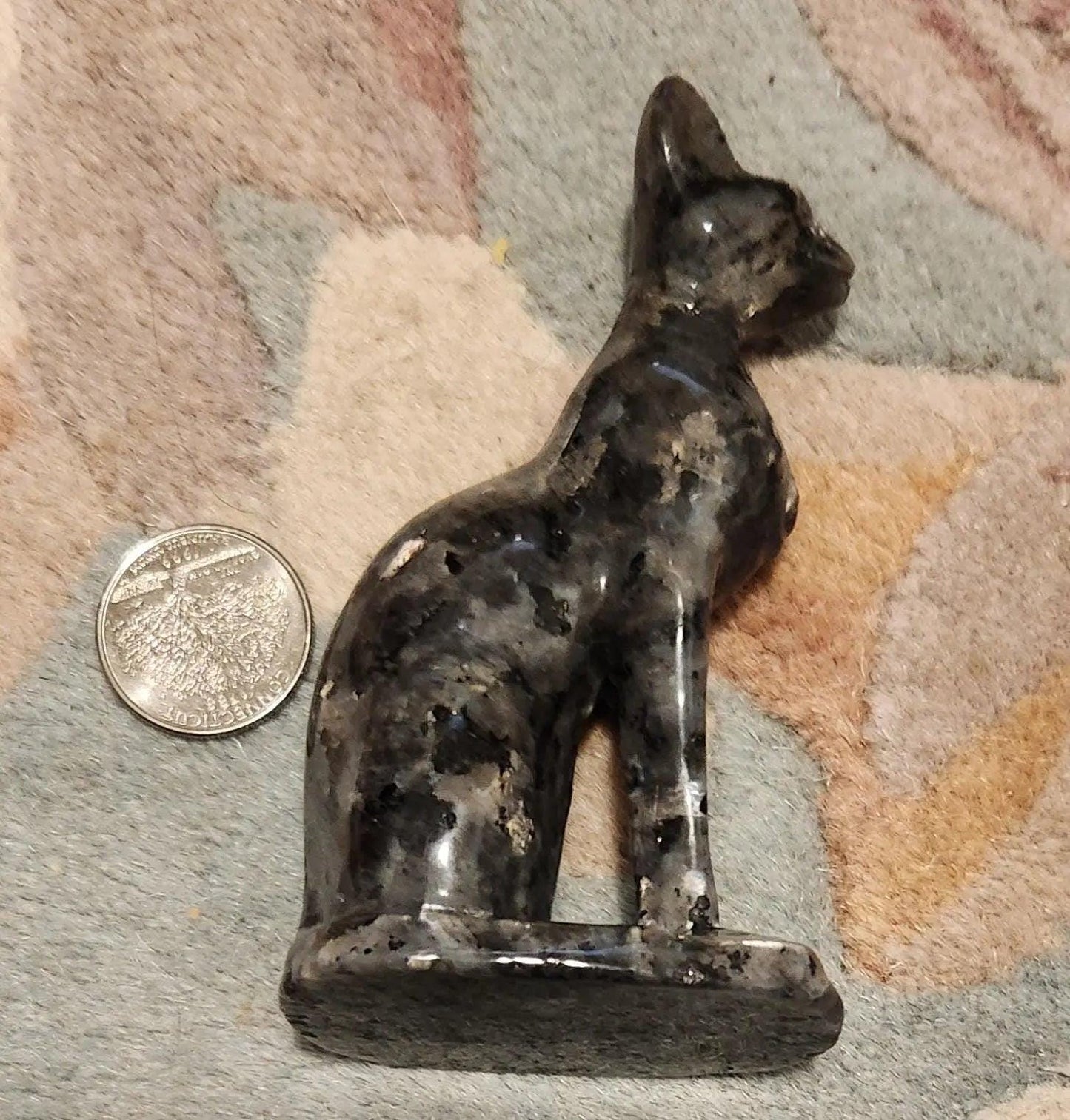 Carved Larvikite Obsidian & Yooperlite Egyptian Cat Statue: UV Reactive Decor