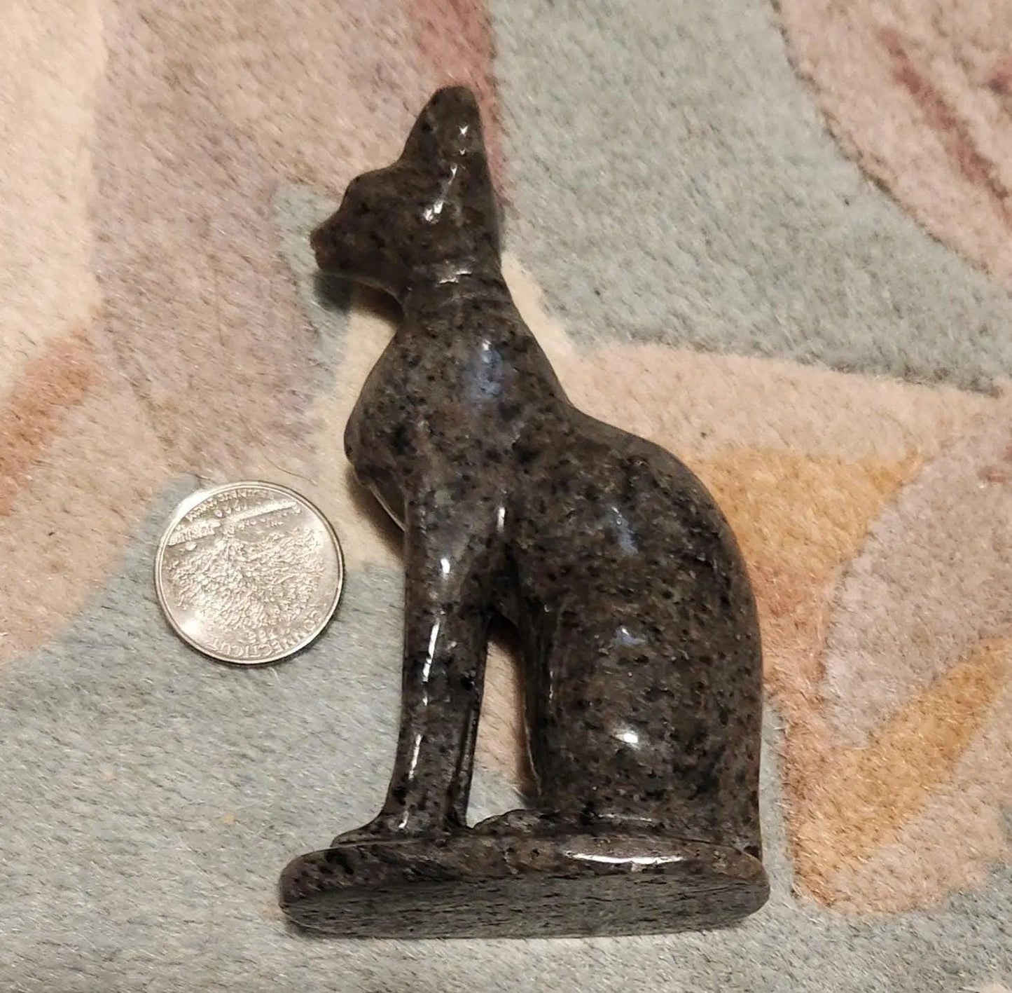 Carved Larvikite Obsidian & Yooperlite Egyptian Cat Statue: UV Reactive Decor