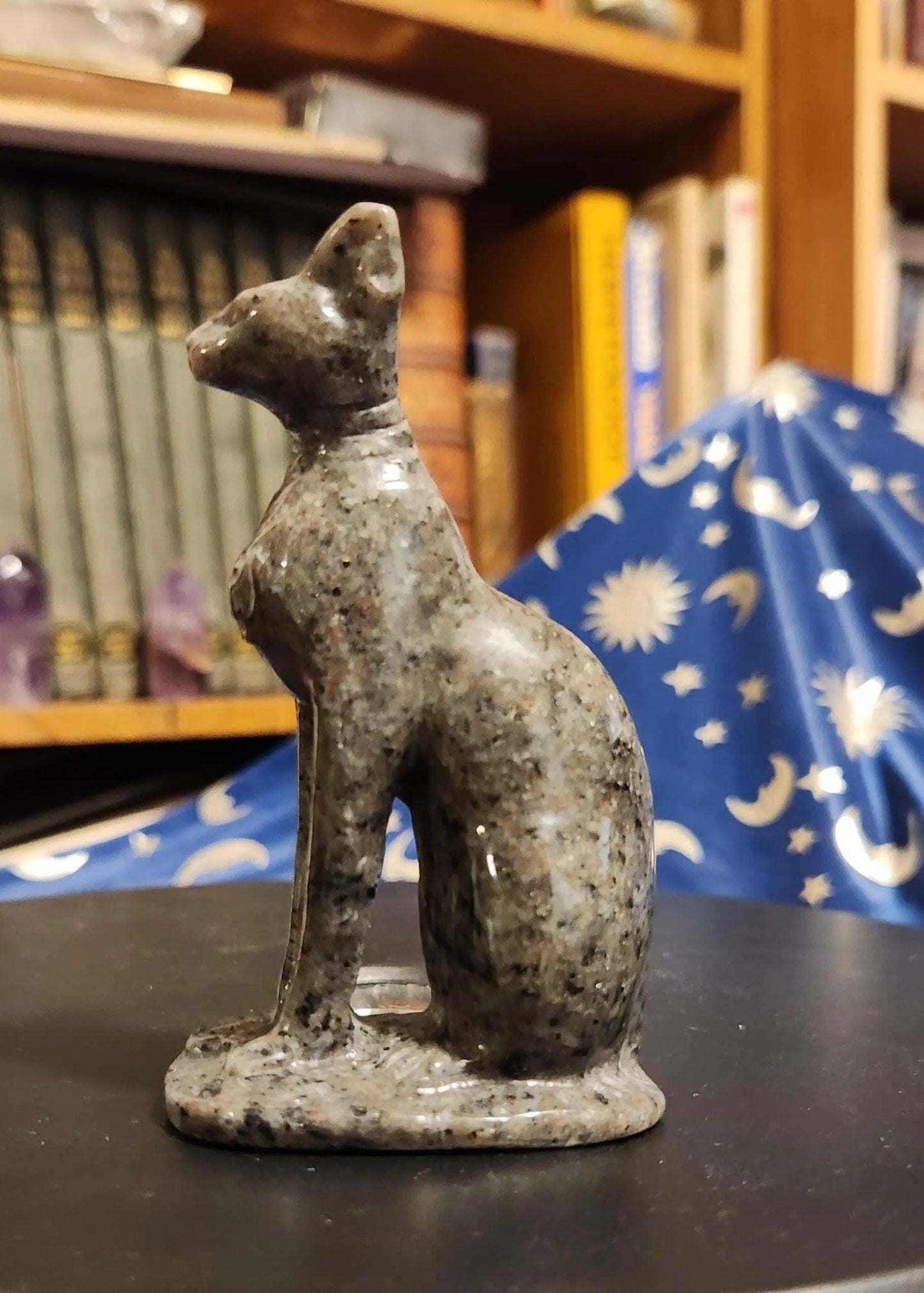 Carved Larvikite Obsidian & Yooperlite Egyptian Cat Statue: UV Reactive Decor