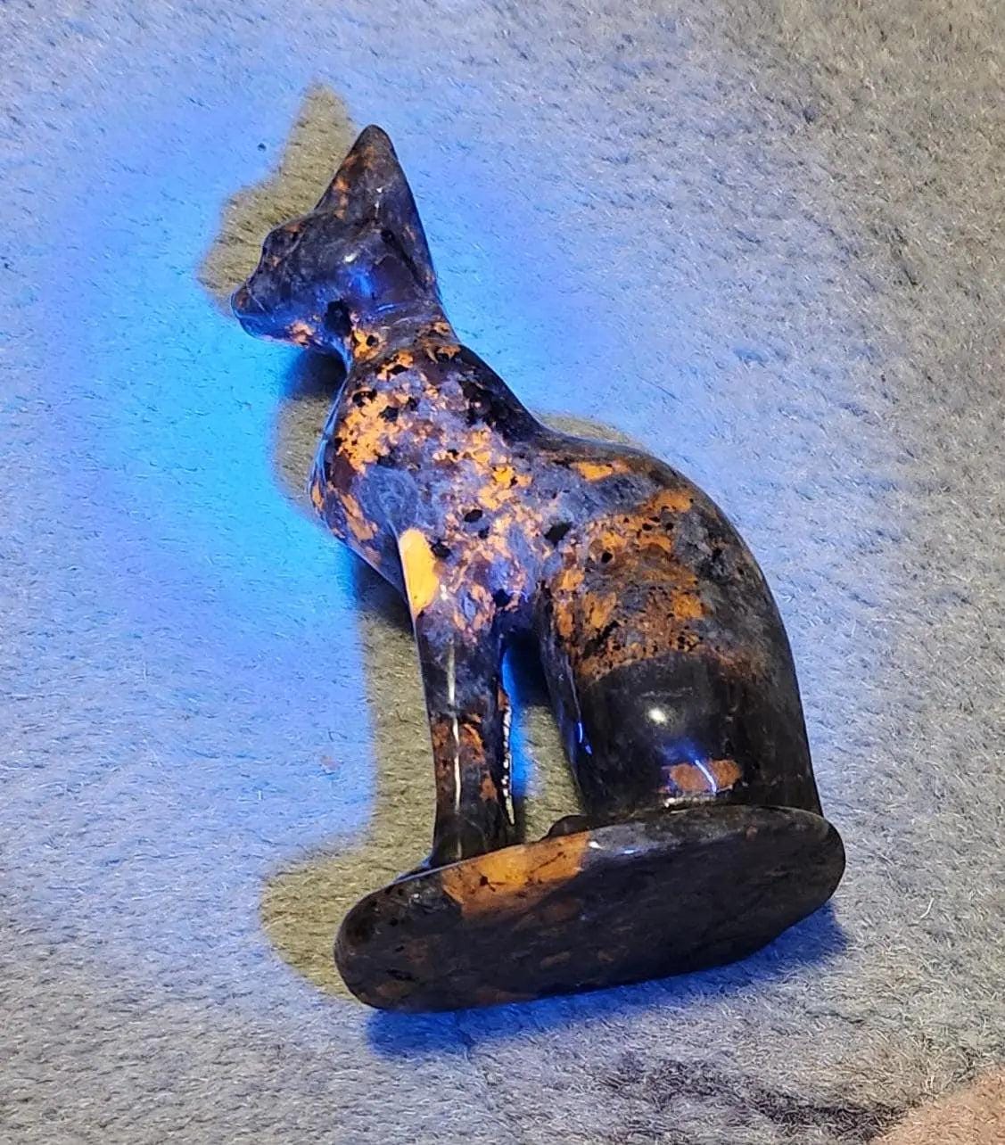 Carved Larvikite Obsidian & Yooperlite Egyptian Cat Statue: UV Reactive Decor