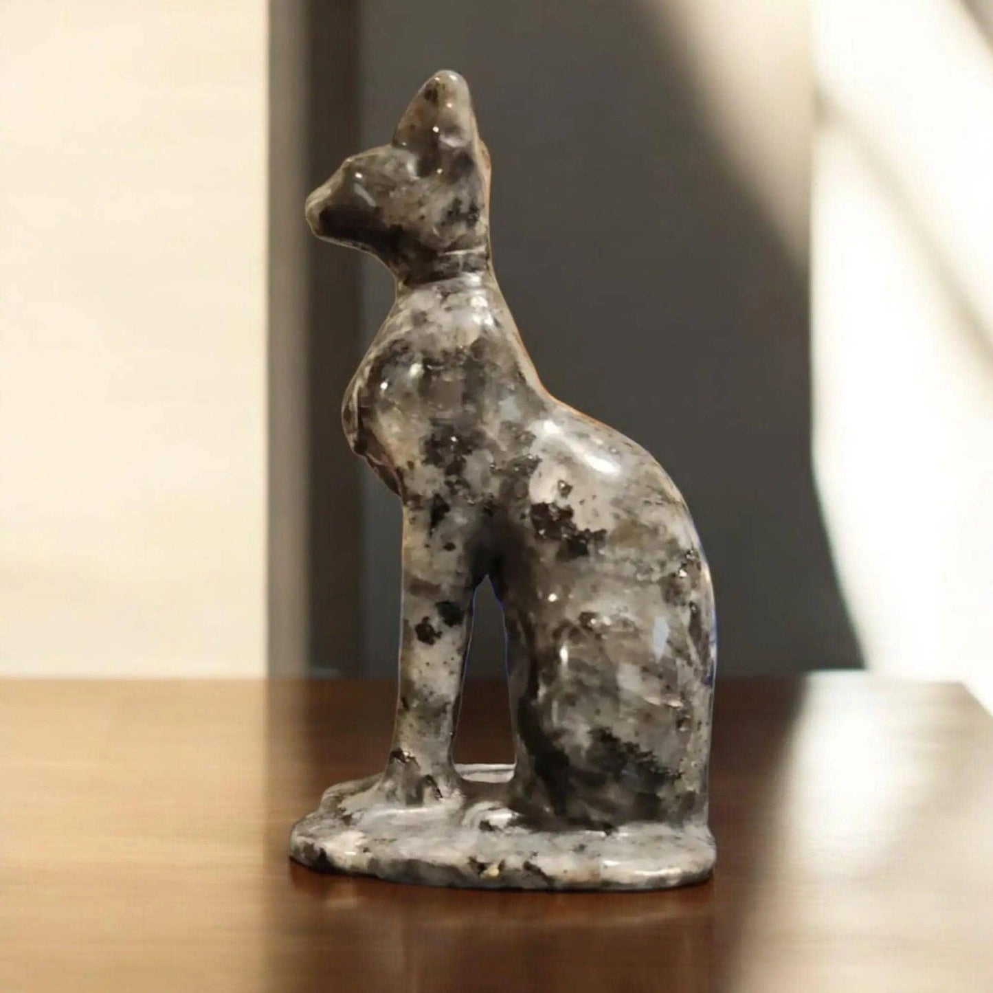 Carved Larvikite Obsidian & Yooperlite Egyptian Cat Statue: UV Reactive Decor
