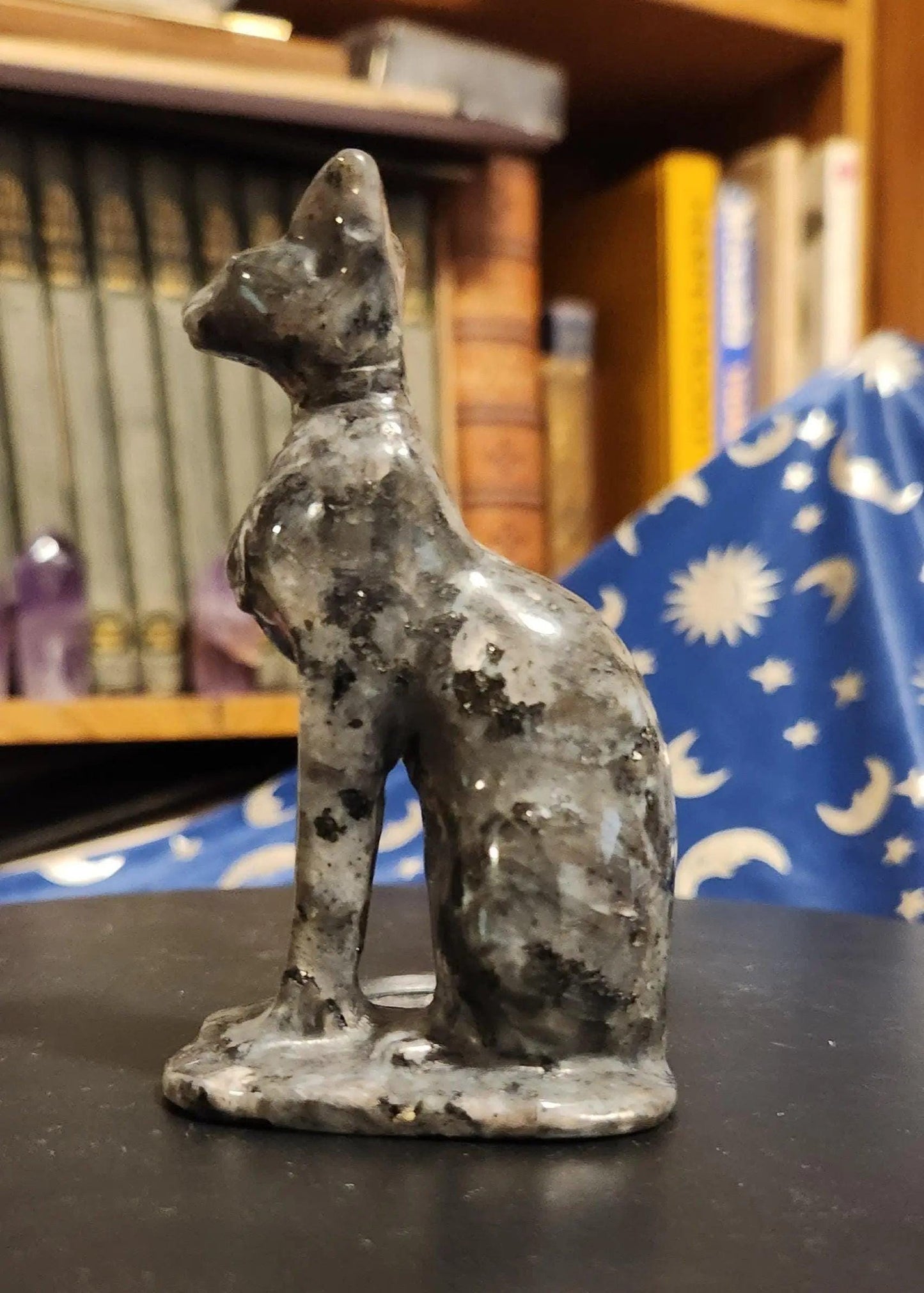 Carved Larvikite Obsidian & Yooperlite Egyptian Cat Statue: UV Reactive Decor