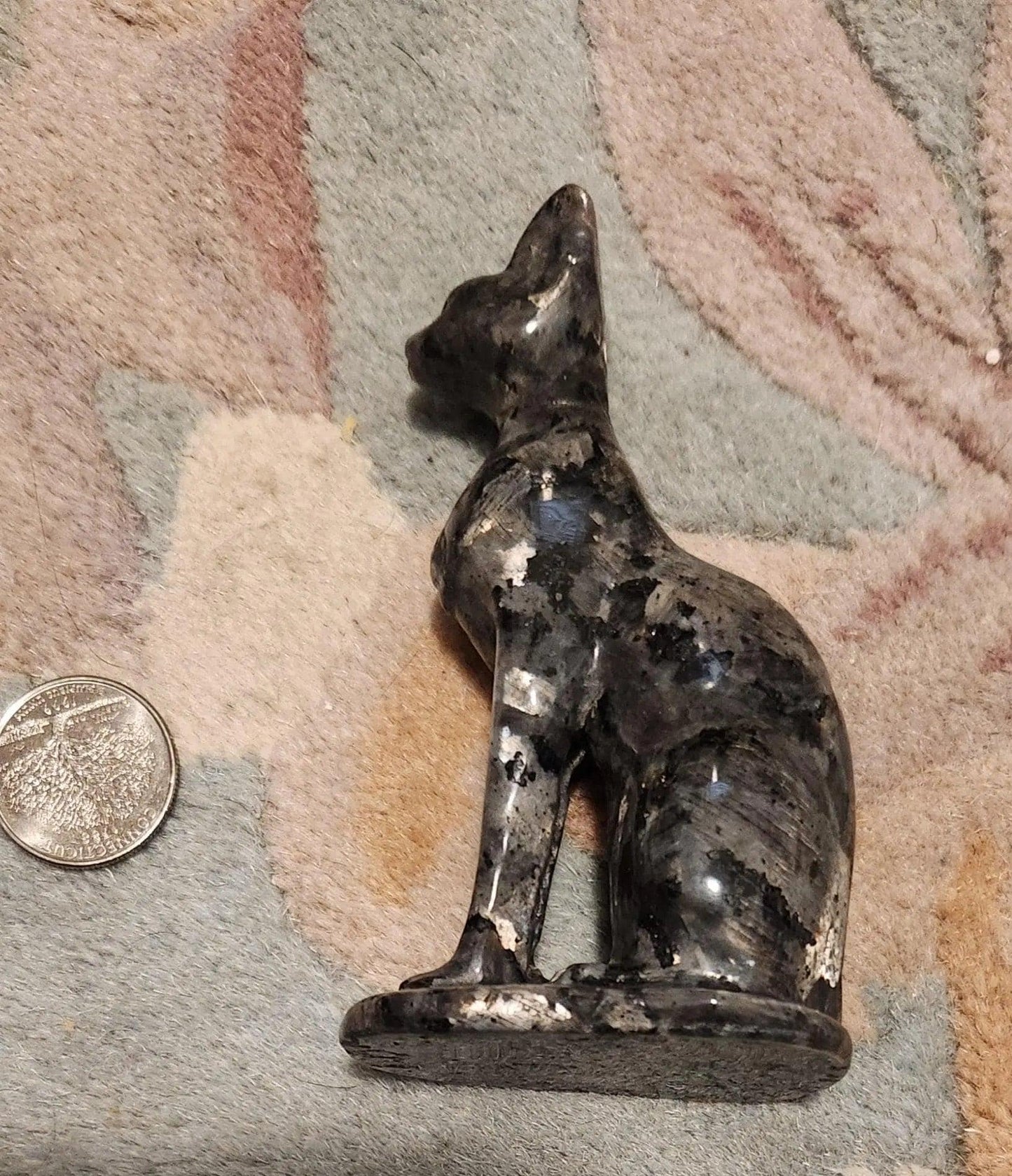 Carved Larvikite Obsidian & Yooperlite Egyptian Cat Statue: UV Reactive Decor