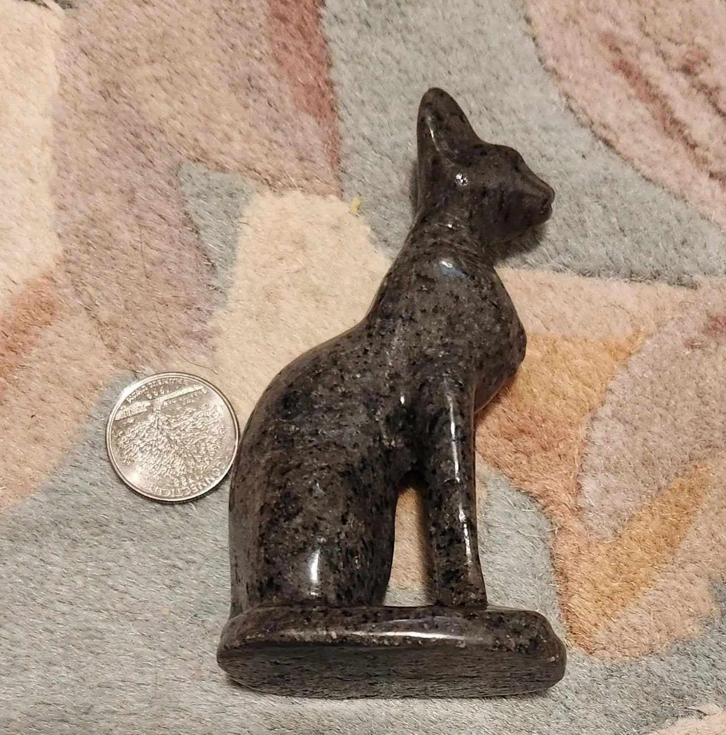 Carved Larvikite Obsidian & Yooperlite Egyptian Cat Statue: UV Reactive Decor