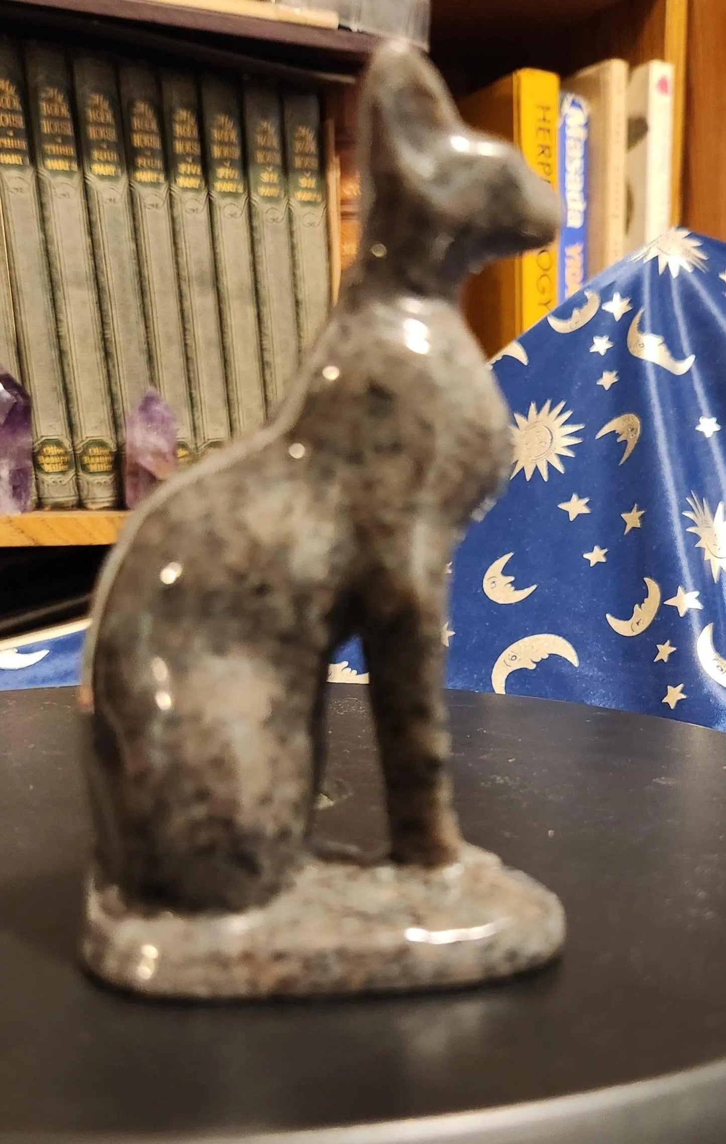 Carved Larvikite Obsidian & Yooperlite Egyptian Cat Statue: UV Reactive Decor