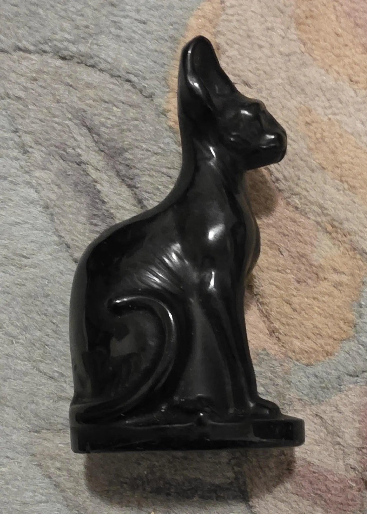 Carved Larvikite Obsidian & Yooperlite Egyptian Cat Statue: UV Reactive Decor