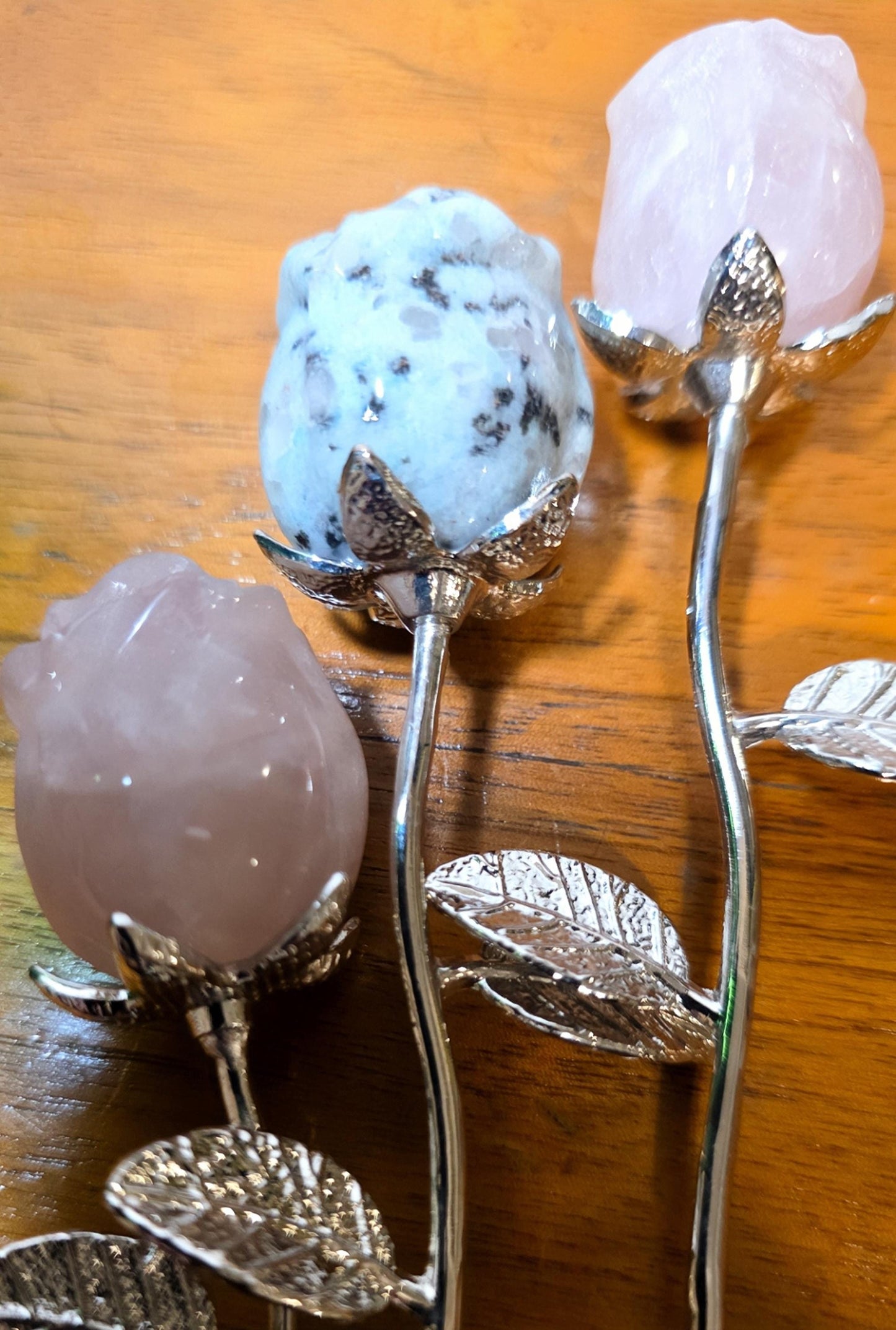 Crystal Rose Mini Buds on Silver Stems, Carved Gemstone Flowers | Wedding Centerpieces, Healing Stones