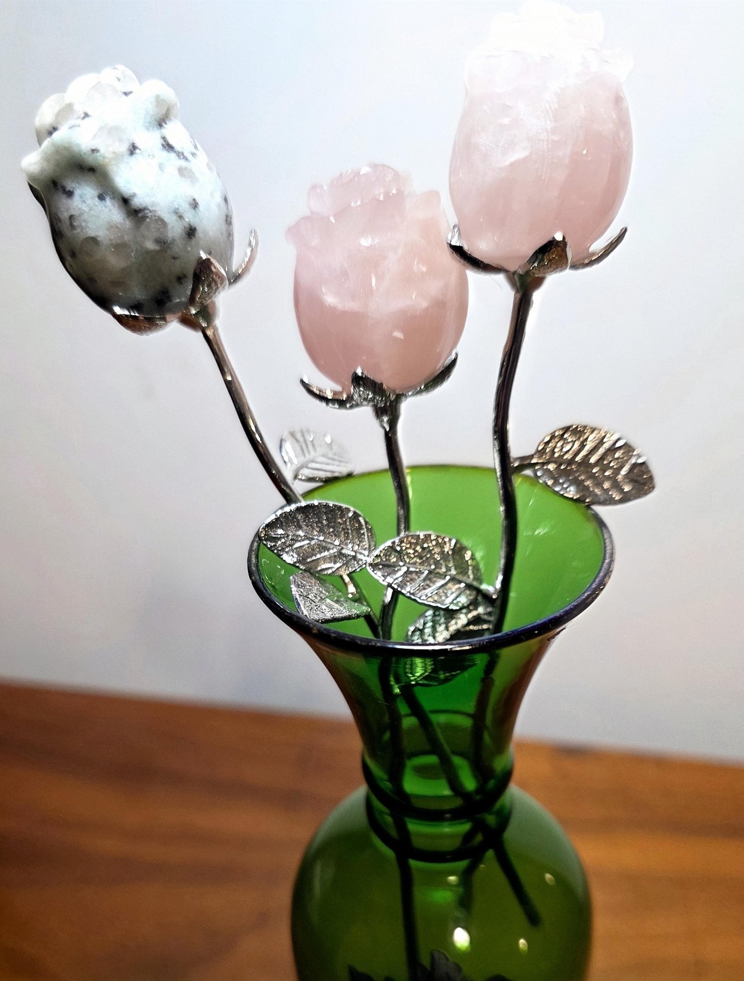 Crystal Rose Mini Buds on Silver Stems, Carved Gemstone Flowers | Wedding Centerpieces, Healing Stones