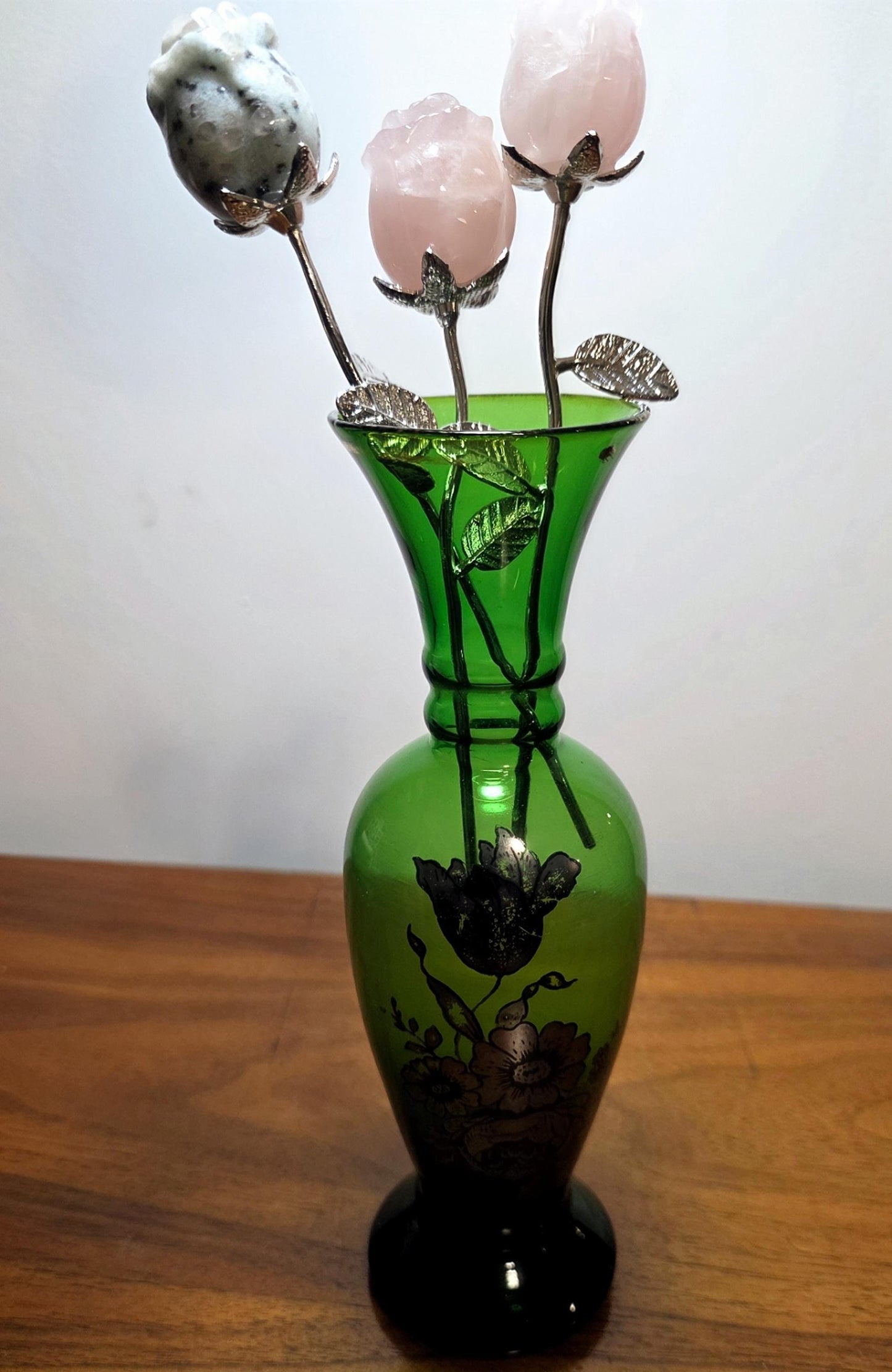 Crystal Rose Mini Buds on Silver Stems, Carved Gemstone Flowers | Wedding Centerpieces, Healing Stones