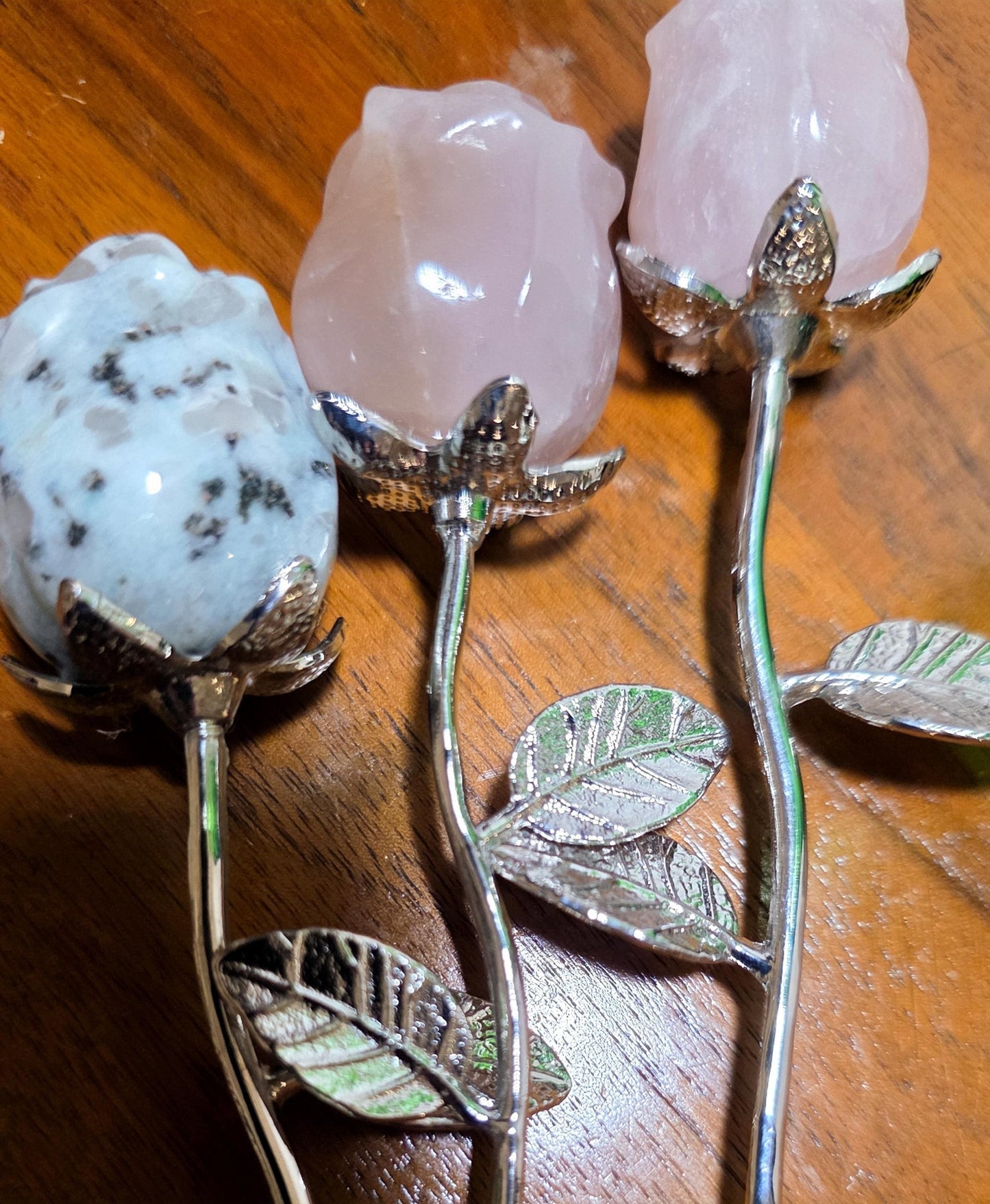 Crystal Rose Mini Buds on Silver Stems, Carved Gemstone Flowers | Wedding Centerpieces, Healing Stones