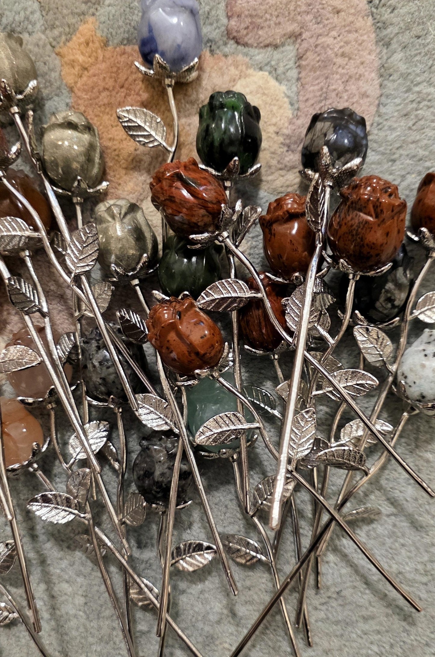 Crystal Rose Mini Buds on Silver Stems, Carved Gemstone Flowers | Wedding Centerpieces, Healing Stones