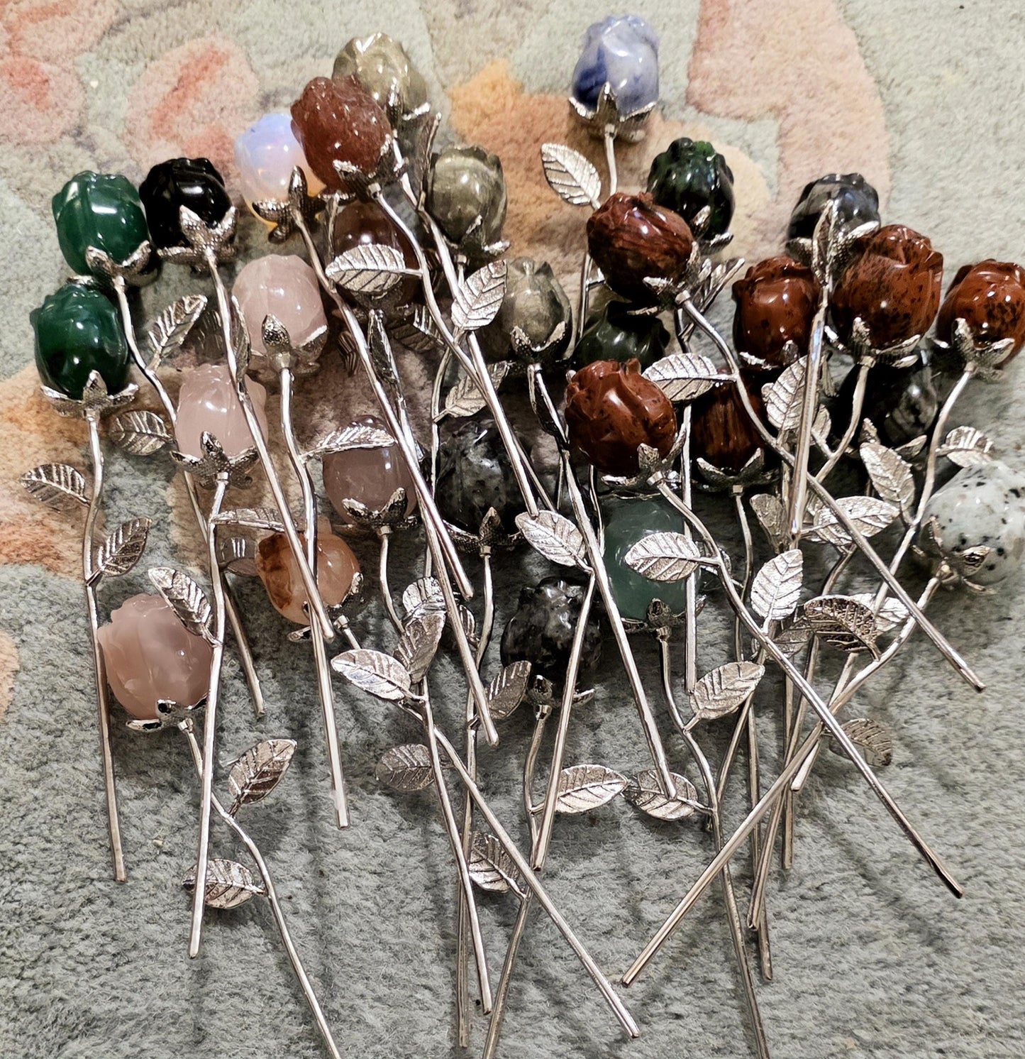 Crystal Rose Mini Buds on Silver Stems, Carved Gemstone Flowers | Wedding Centerpieces, Healing Stones