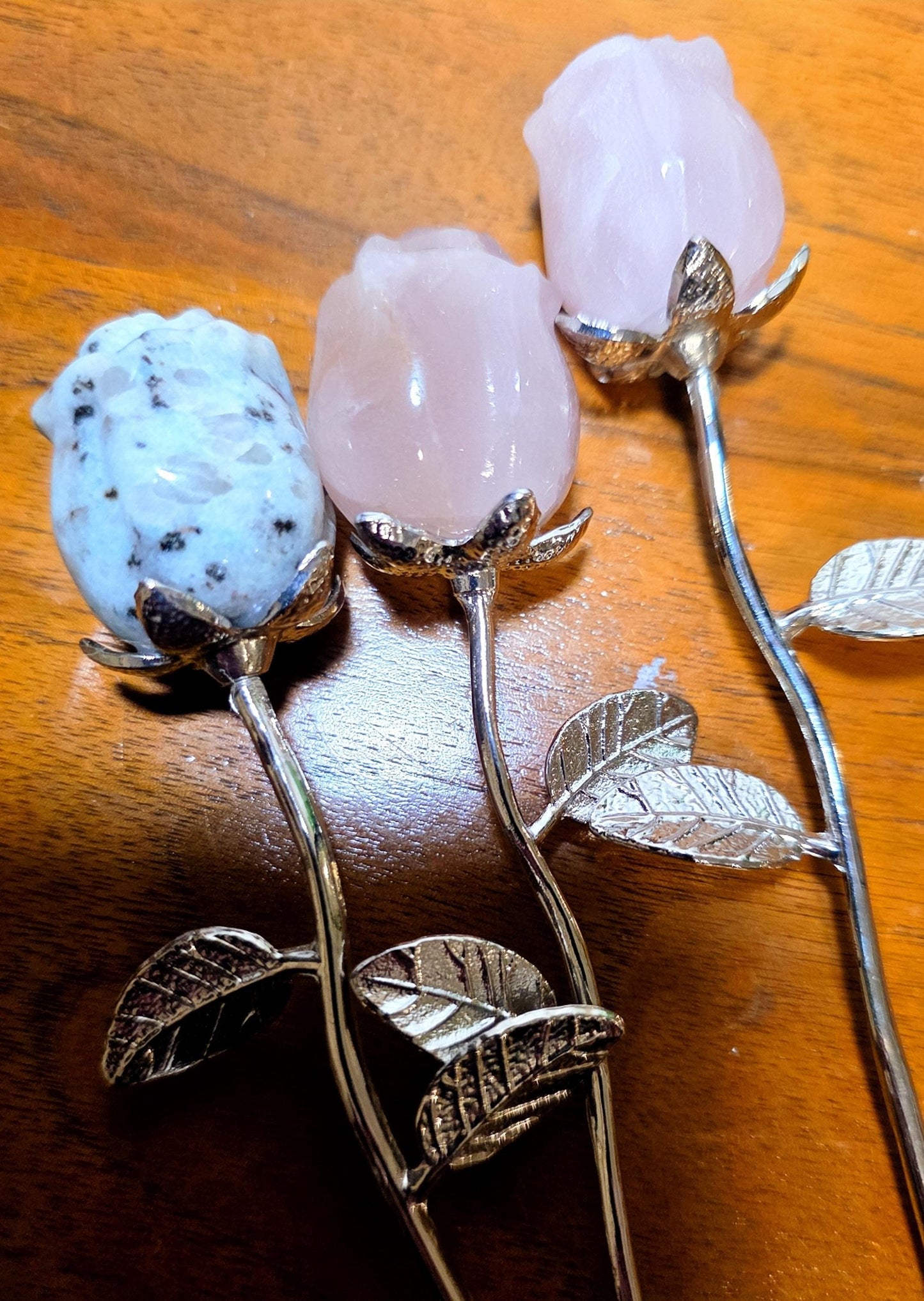 Crystal Rose Mini Buds on Silver Stems, Carved Gemstone Flowers | Wedding Centerpieces, Healing Stones