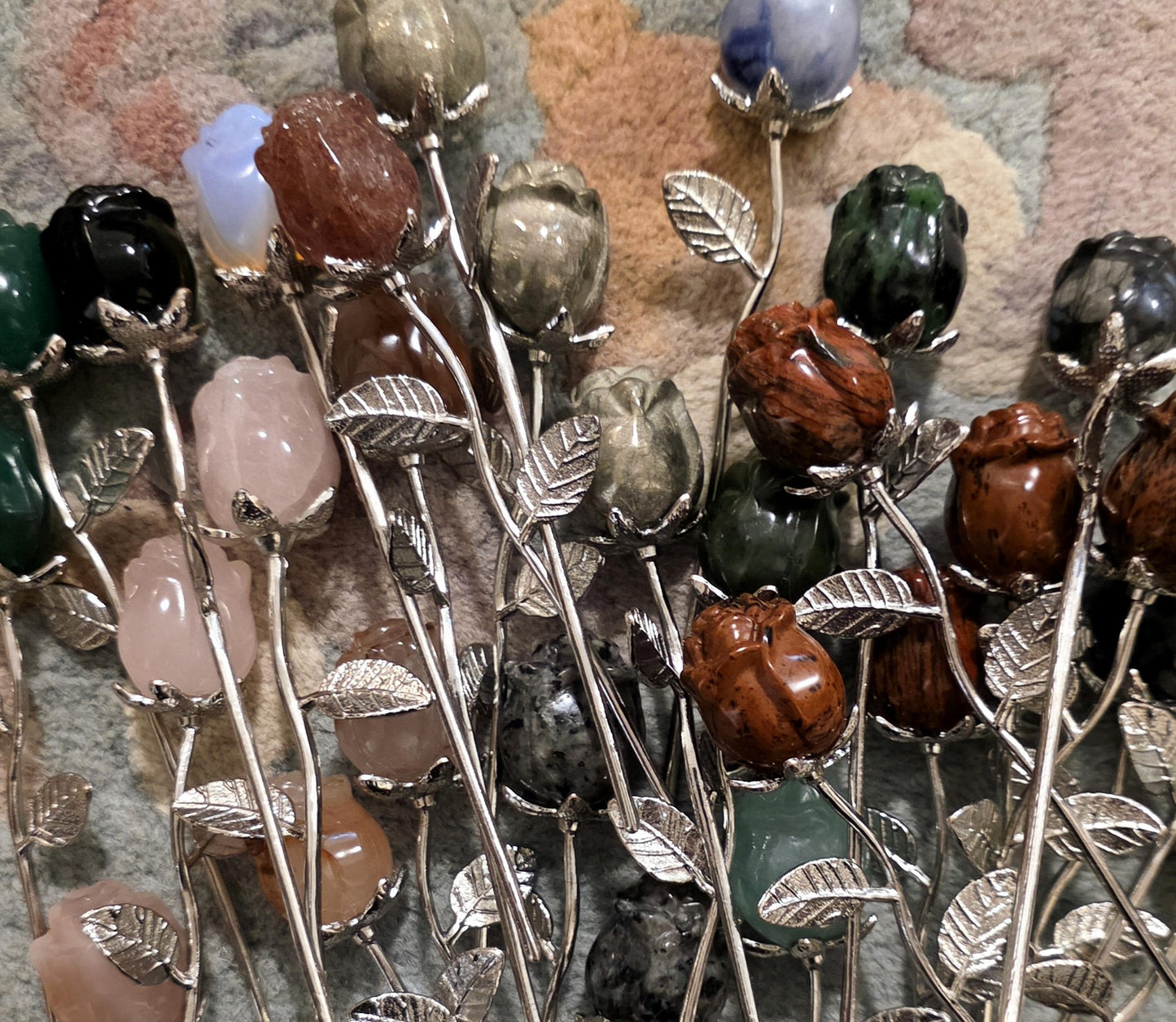 Crystal Rose Mini Buds on Silver Stems, Carved Gemstone Flowers | Wedding Centerpieces, Healing Stones