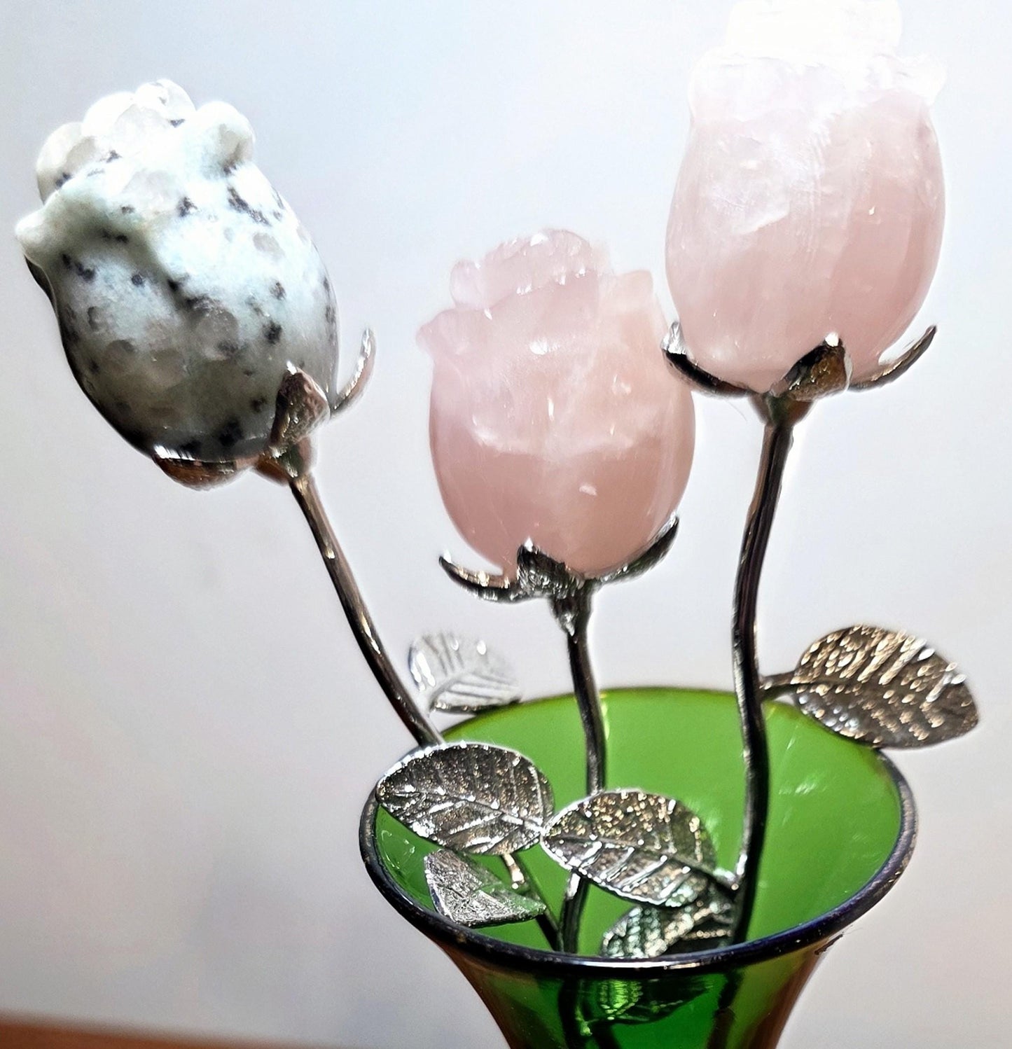 Crystal Rose Mini Buds on Silver Stems, Carved Gemstone Flowers | Wedding Centerpieces, Healing Stones