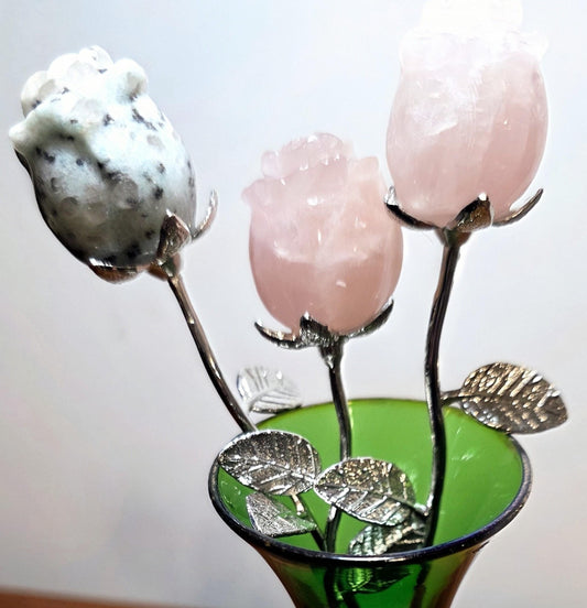 Crystal Rose Mini Buds on Silver Stems, Carved Gemstone Flowers | Wedding Centerpieces, Healing Stones
