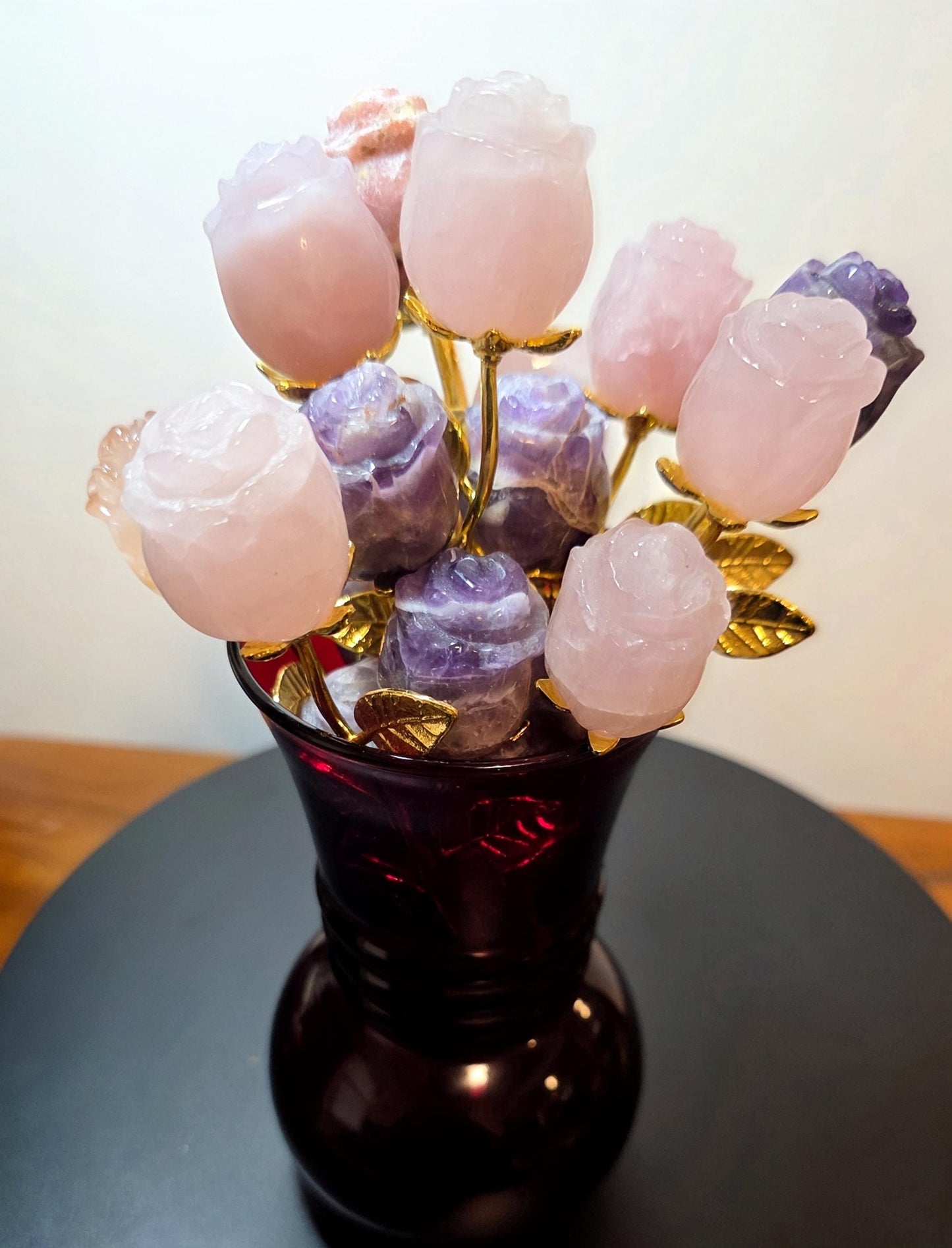 Crystal Rose Buds Mini, Gold Stem | Carved Gemstone Roses | Wedding Flowers, Stone Flower Centerpiece