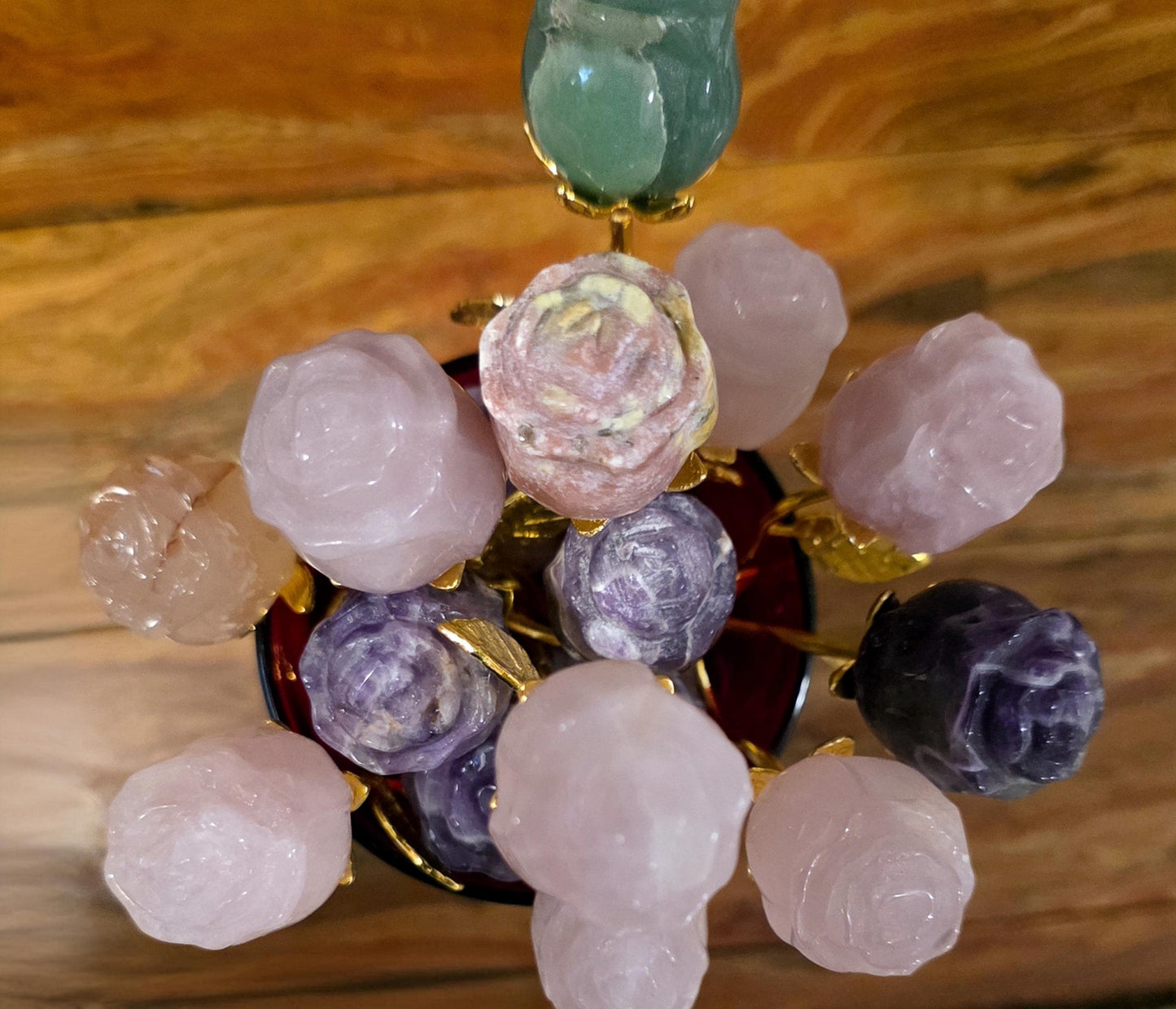 Crystal Rose Buds Mini, Gold Stem | Carved Gemstone Roses | Wedding Flowers, Stone Flower Centerpiece