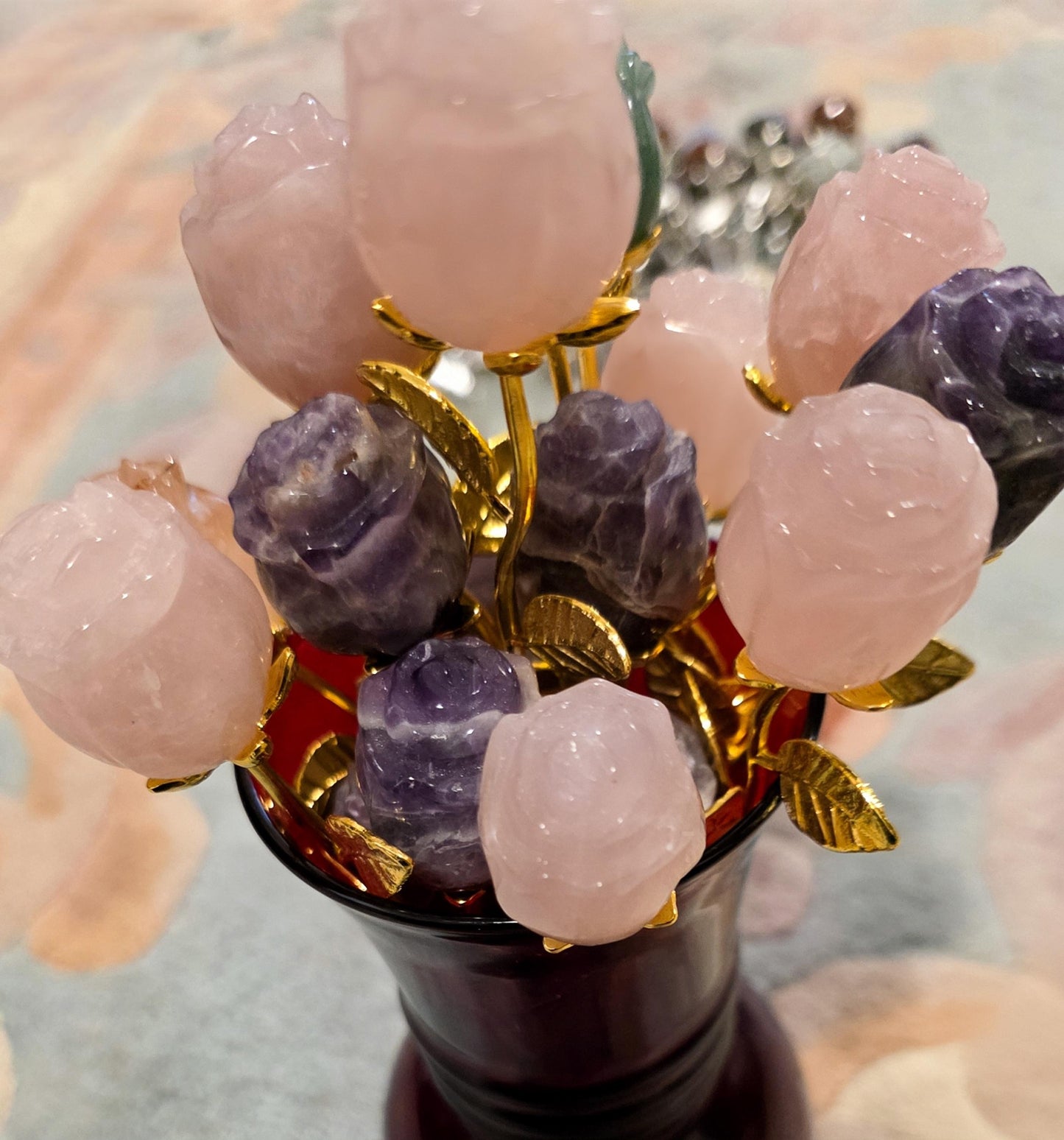 Crystal Rose Buds Mini, Gold Stem | Carved Gemstone Roses | Wedding Flowers, Stone Flower Centerpiece