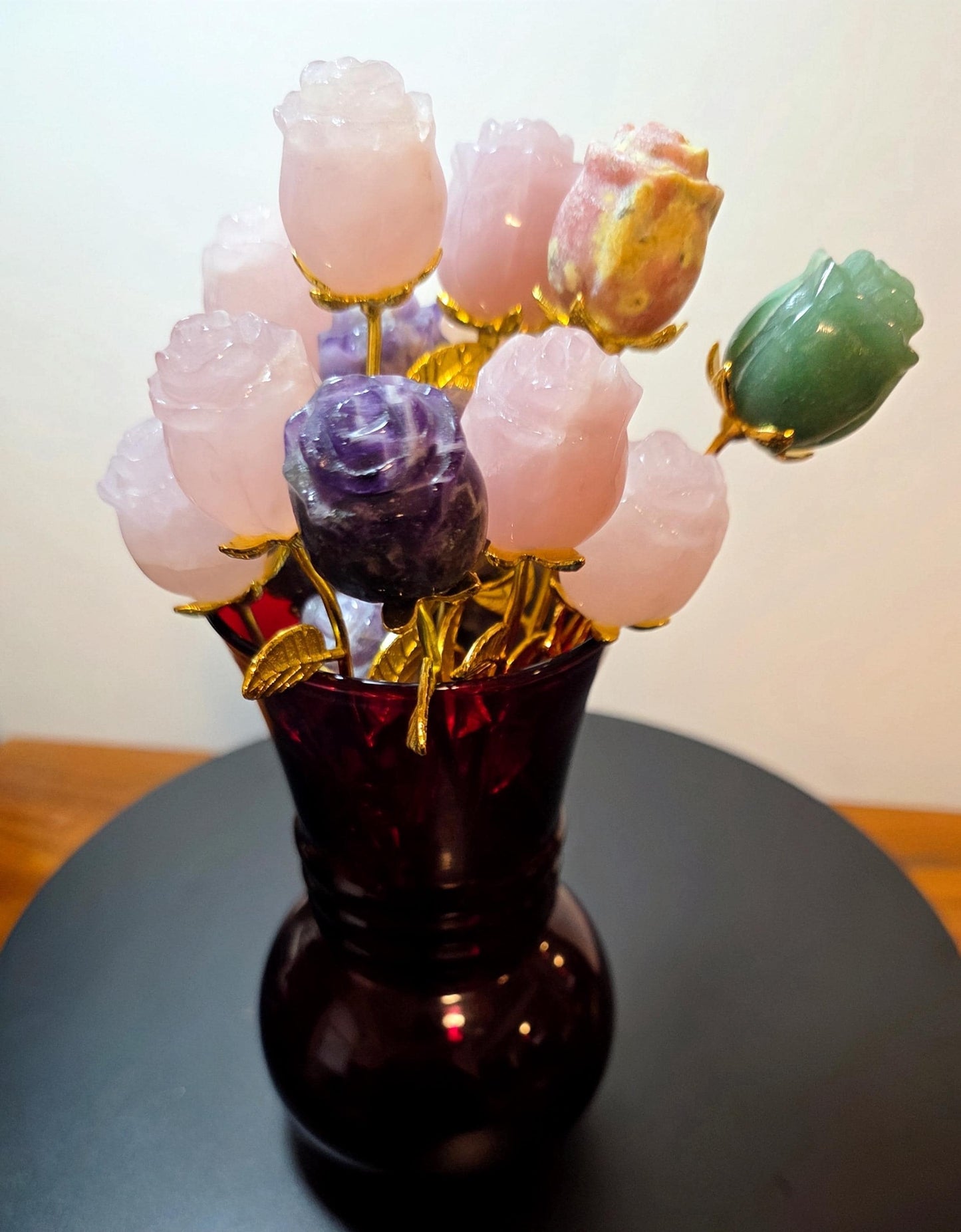 Crystal Rose Buds Mini, Gold Stem | Carved Gemstone Roses | Wedding Flowers, Stone Flower Centerpiece