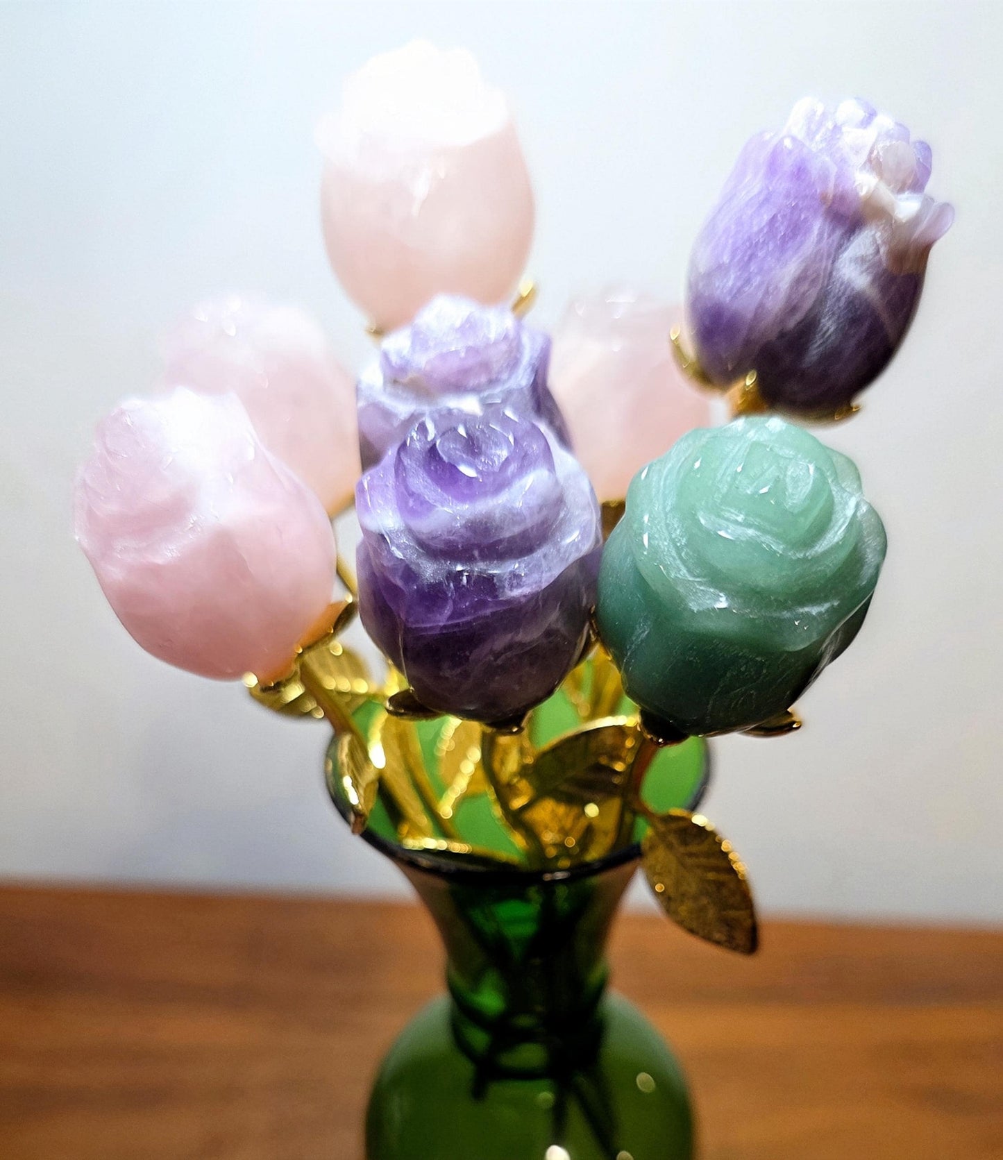 Crystal Rose Buds Mini, Gold Stem | Carved Gemstone Roses | Wedding Flowers, Stone Flower Centerpiece
