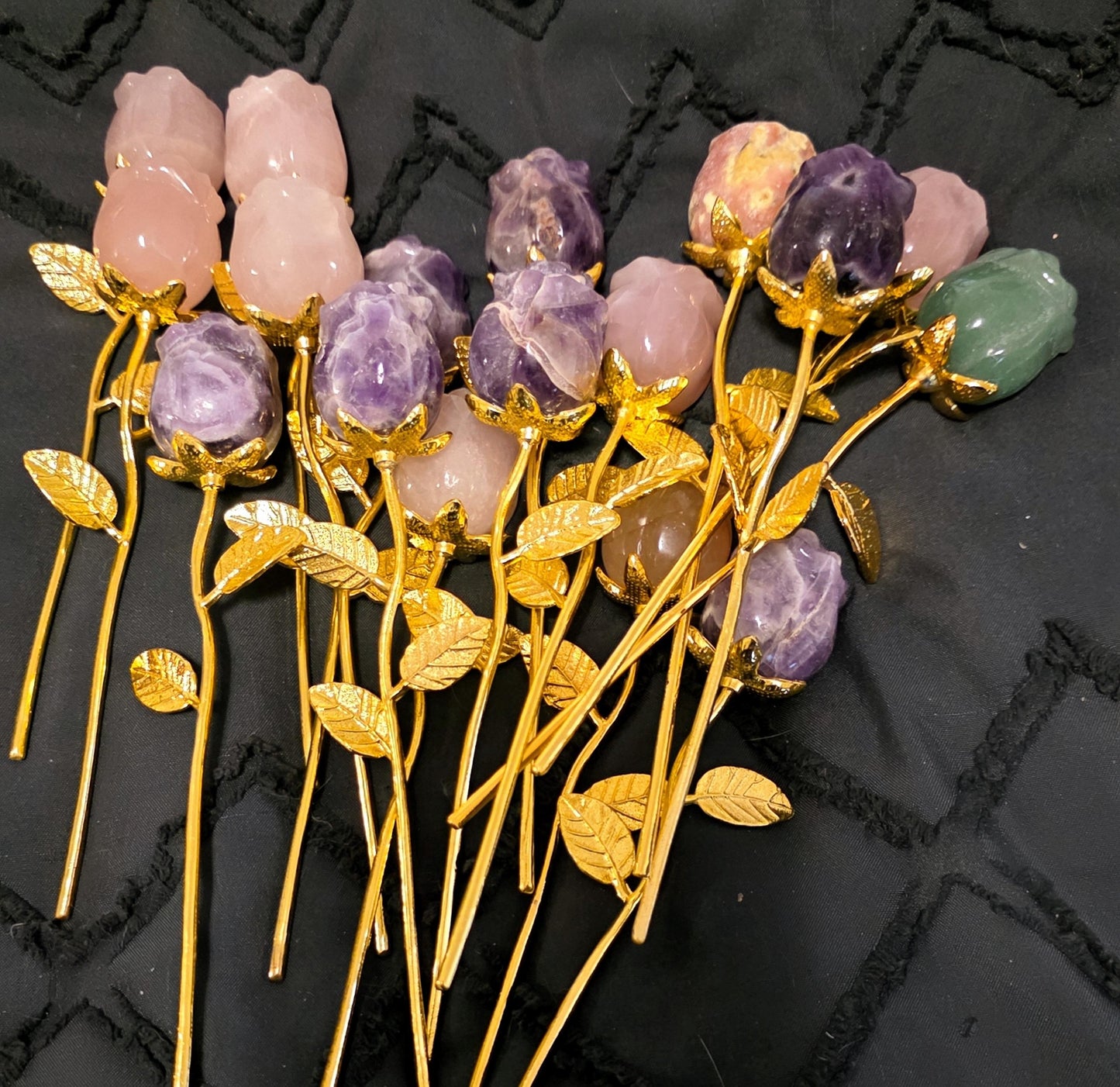 Crystal Rose Buds Mini, Gold Stem | Carved Gemstone Roses | Wedding Flowers, Stone Flower Centerpiece