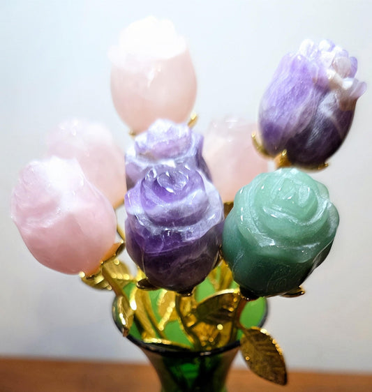 Crystal Rose Buds Mini, Gold Stem | Carved Gemstone Roses | Wedding Flowers, Stone Flower Centerpiece