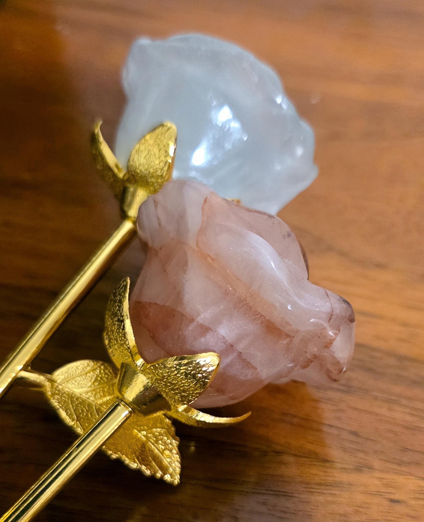 Crystal Rose Blooms Full, Gold Long Stem | Large Carved Gemstone Flowers, Centerpiece, Everlasting Roses